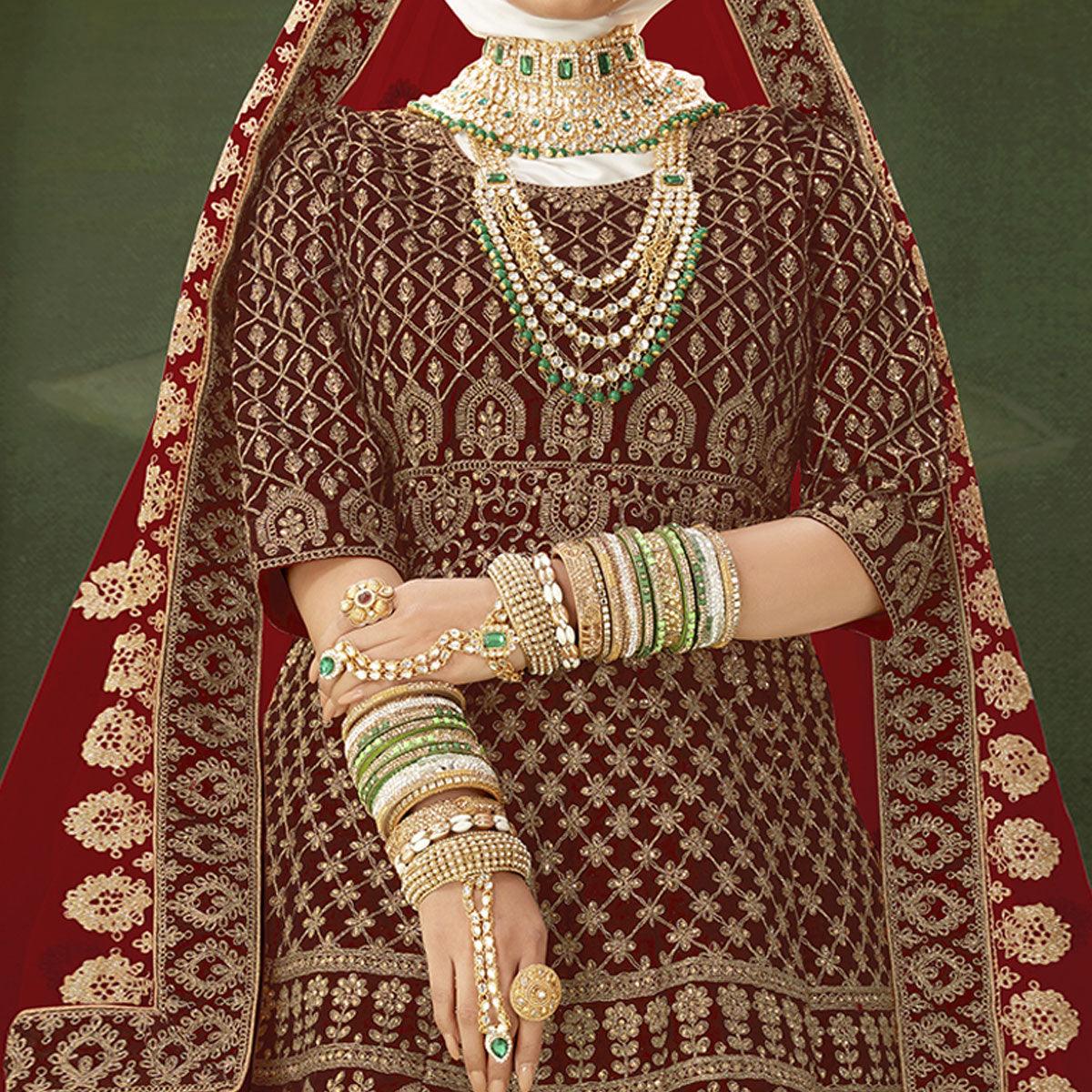 Maroon Wedding Wear Floral Coding Embroidery With Stone Velvet Lehenga Choli - Peachmode
