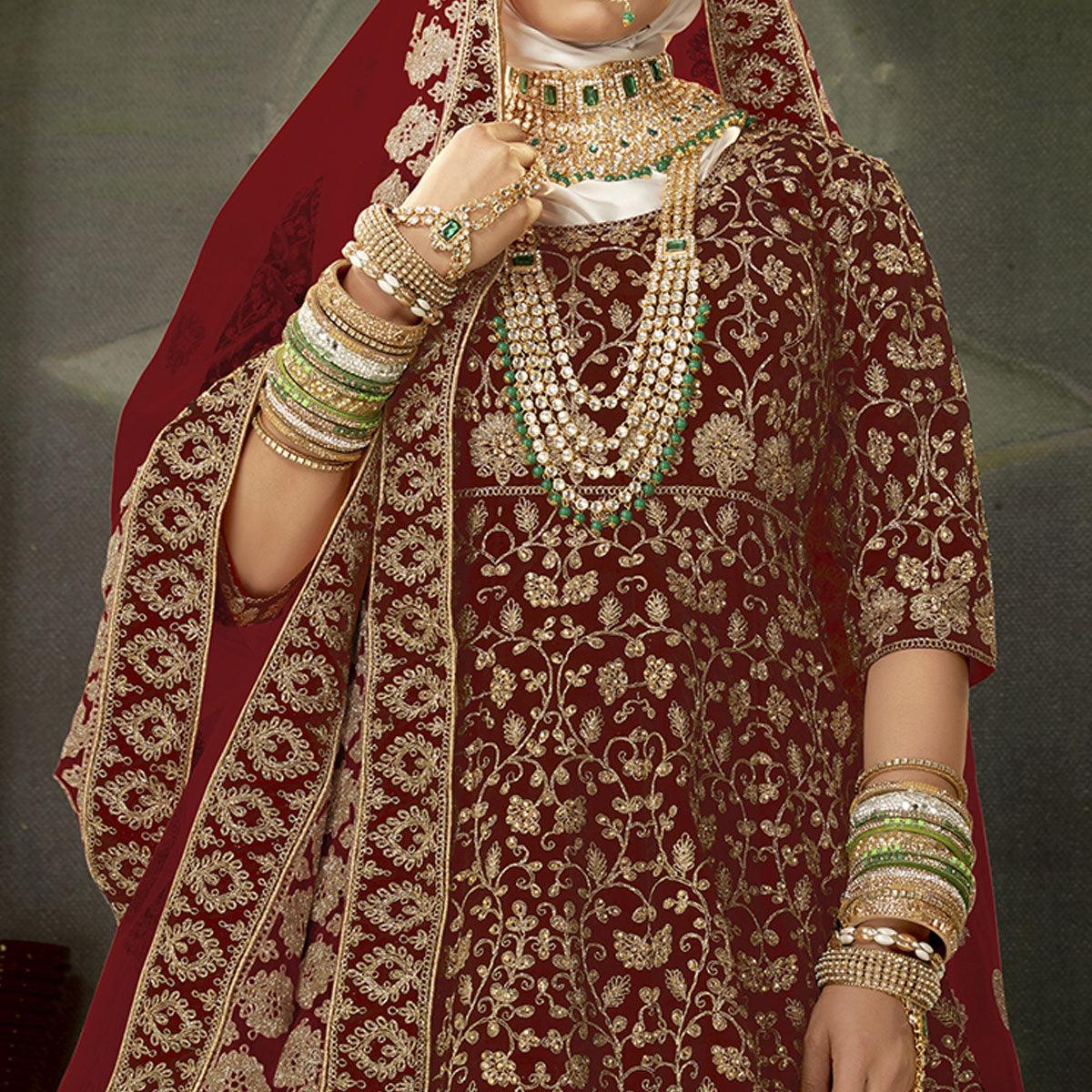 Maroon Wedding Wear Floral Coding Embroidery With Stone Velvet Lehenga Choli - Peachmode