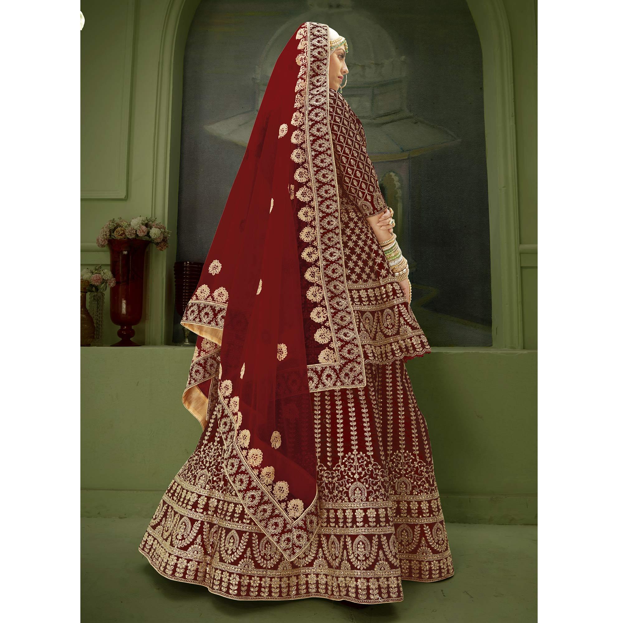 Maroon Wedding Wear Floral Coding Embroidery With Stone Velvet Lehenga Choli - Peachmode