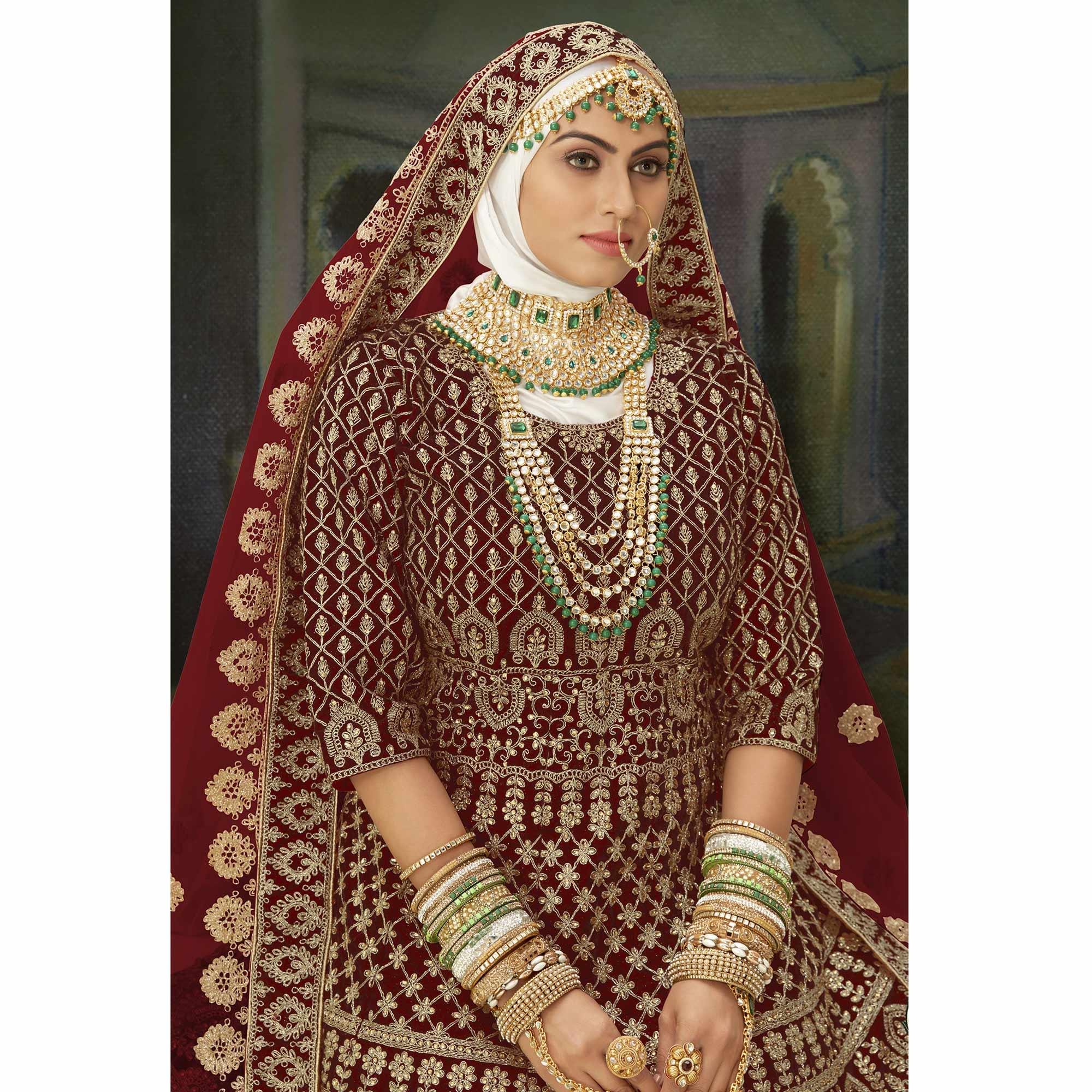 Maroon Wedding Wear Floral Coding Embroidery With Stone Velvet Lehenga Choli - Peachmode