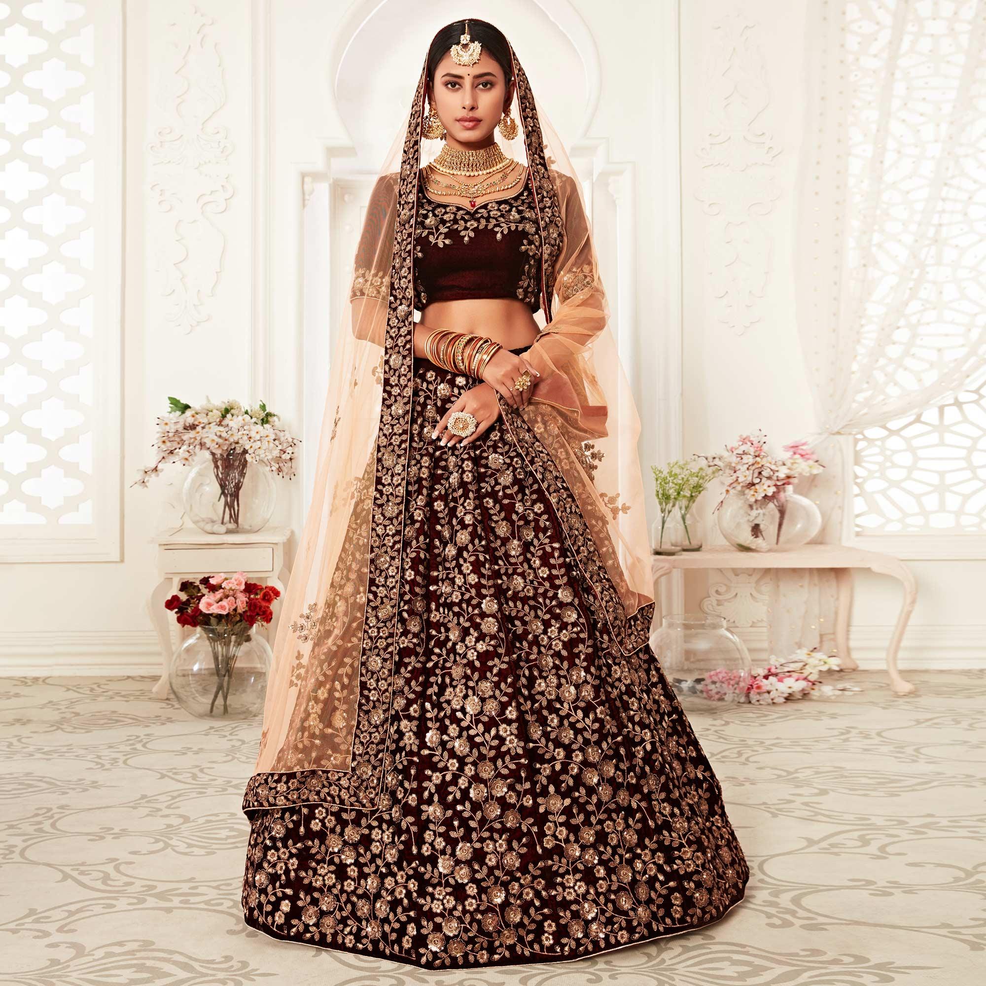 Maroon Wedding Wear Floral Sequins Embroidered Velvet Lehenga Choli - Peachmode