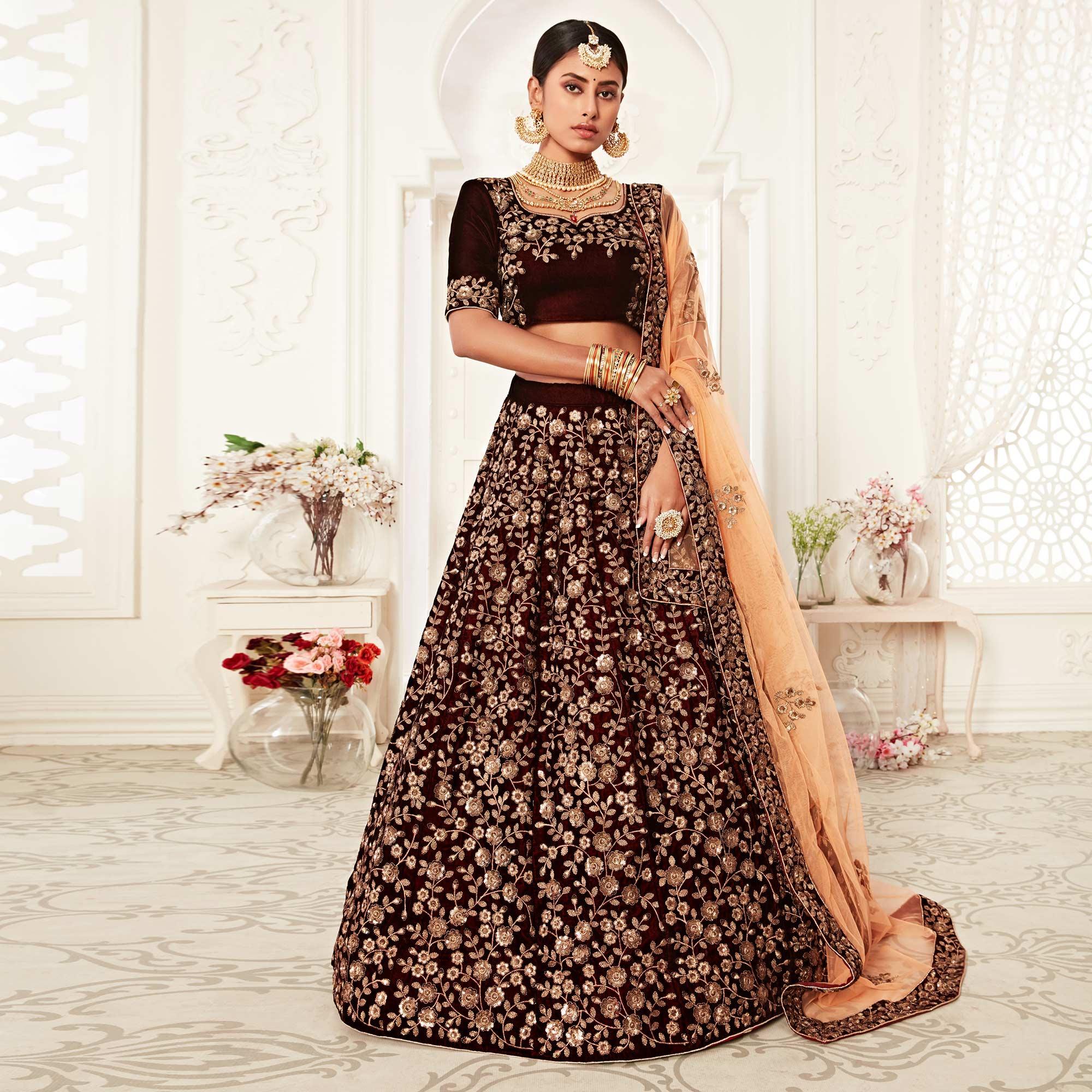 Maroon Wedding Wear Floral Sequins Embroidered Velvet Lehenga Choli - Peachmode