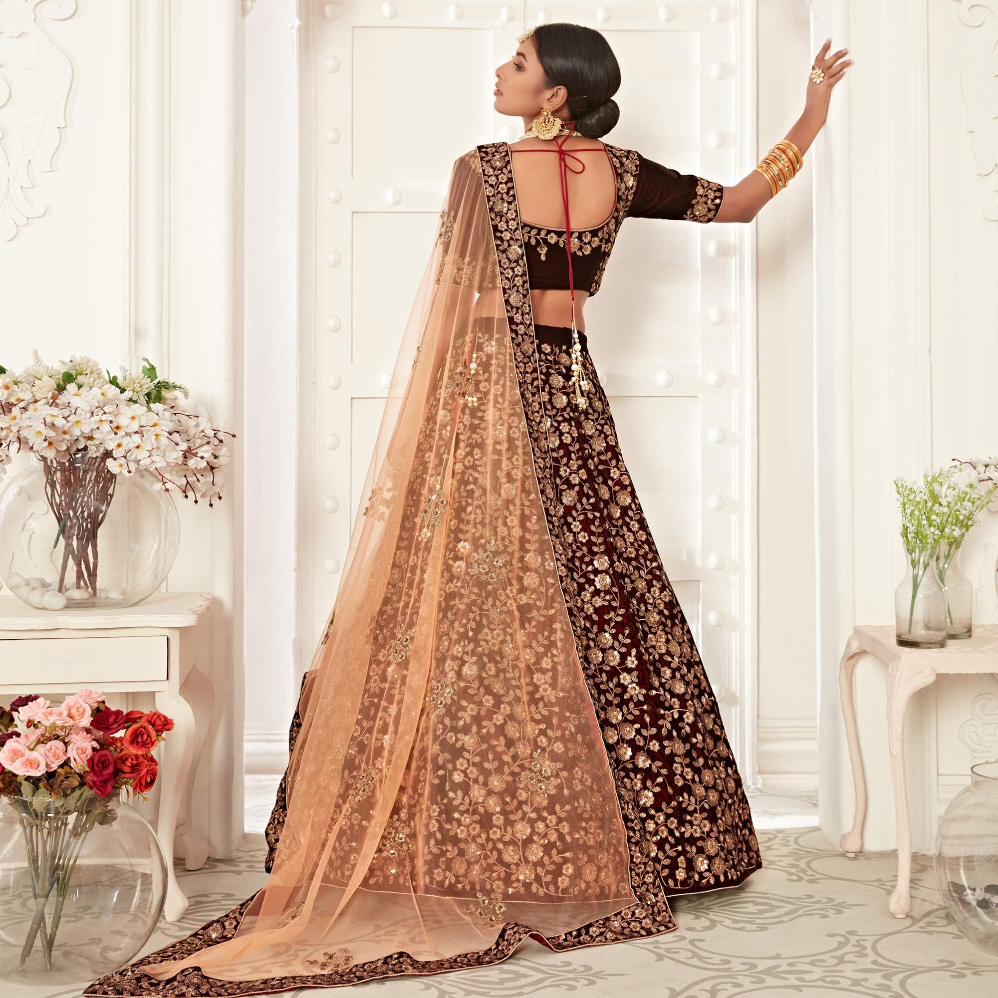 Maroon Wedding Wear Floral Sequins Embroidered Velvet Lehenga Choli - Peachmode