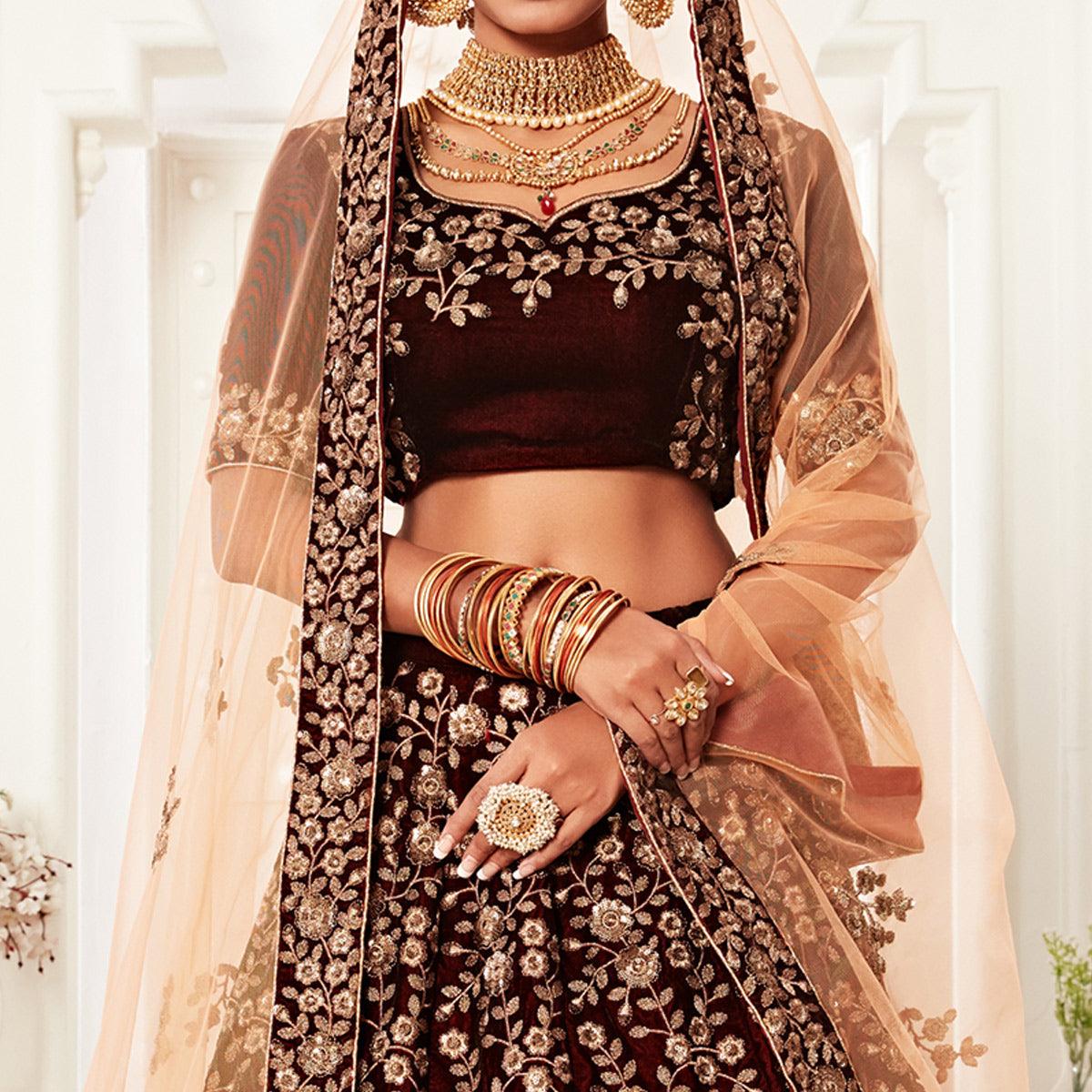 Maroon Wedding Wear Floral Sequins Embroidered Velvet Lehenga Choli - Peachmode