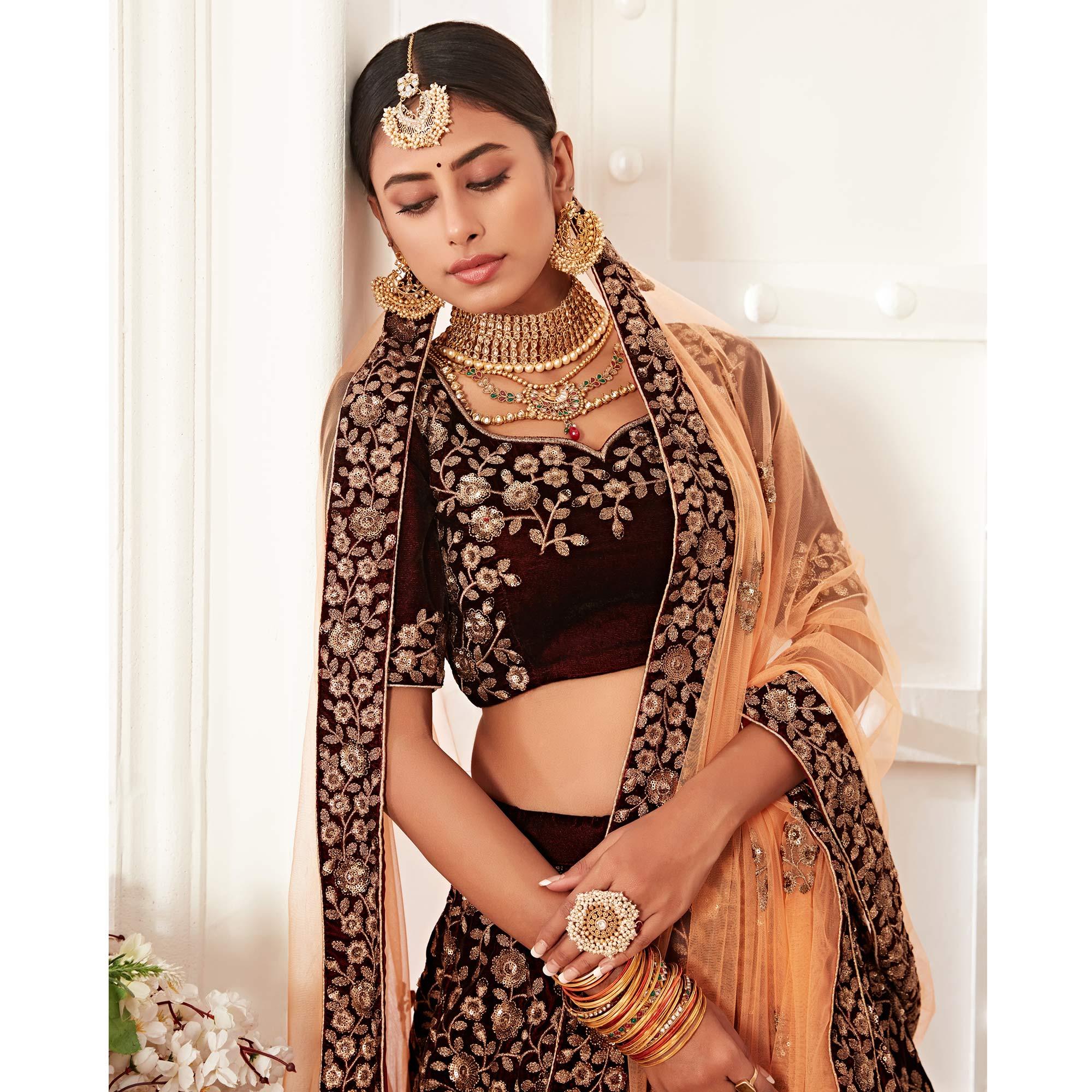 Maroon Wedding Wear Floral Sequins Embroidered Velvet Lehenga Choli - Peachmode