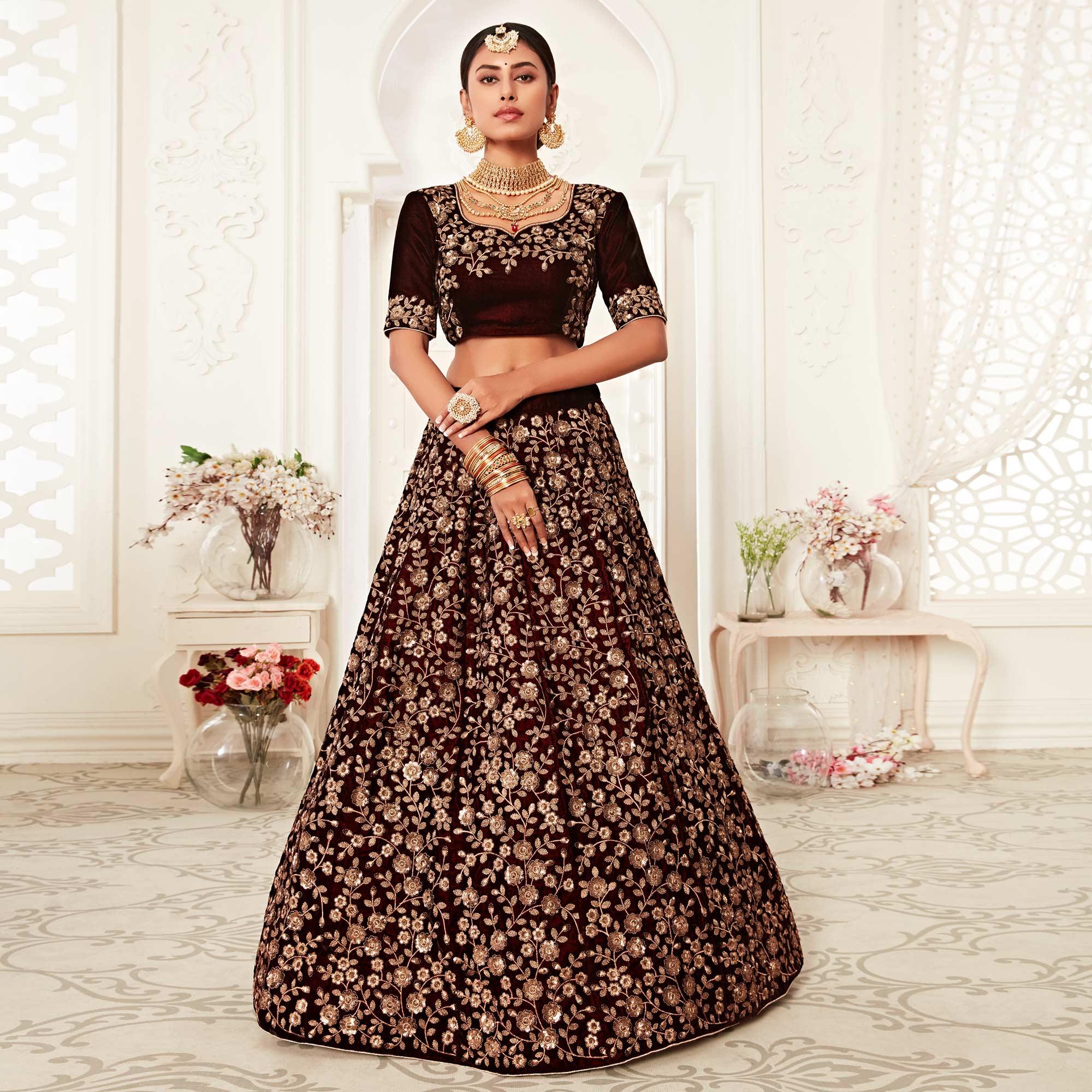 Maroon Wedding Wear Floral Sequins Embroidered Velvet Lehenga Choli - Peachmode