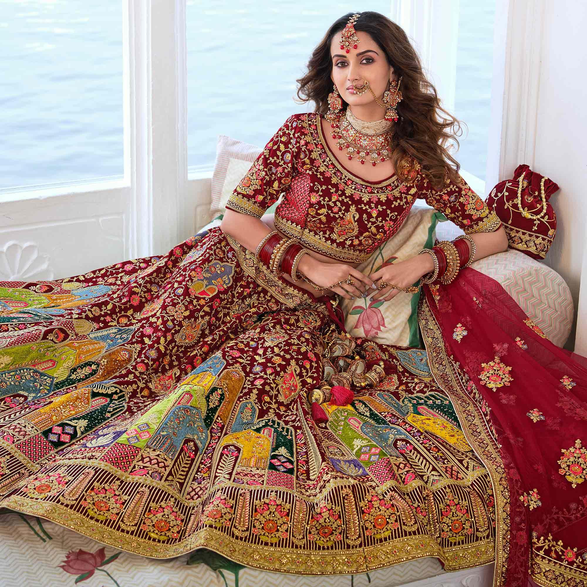 Maroon Wedding Wear Sequence Floral Embroidered Velvet Lehenga Choli - Peachmode
