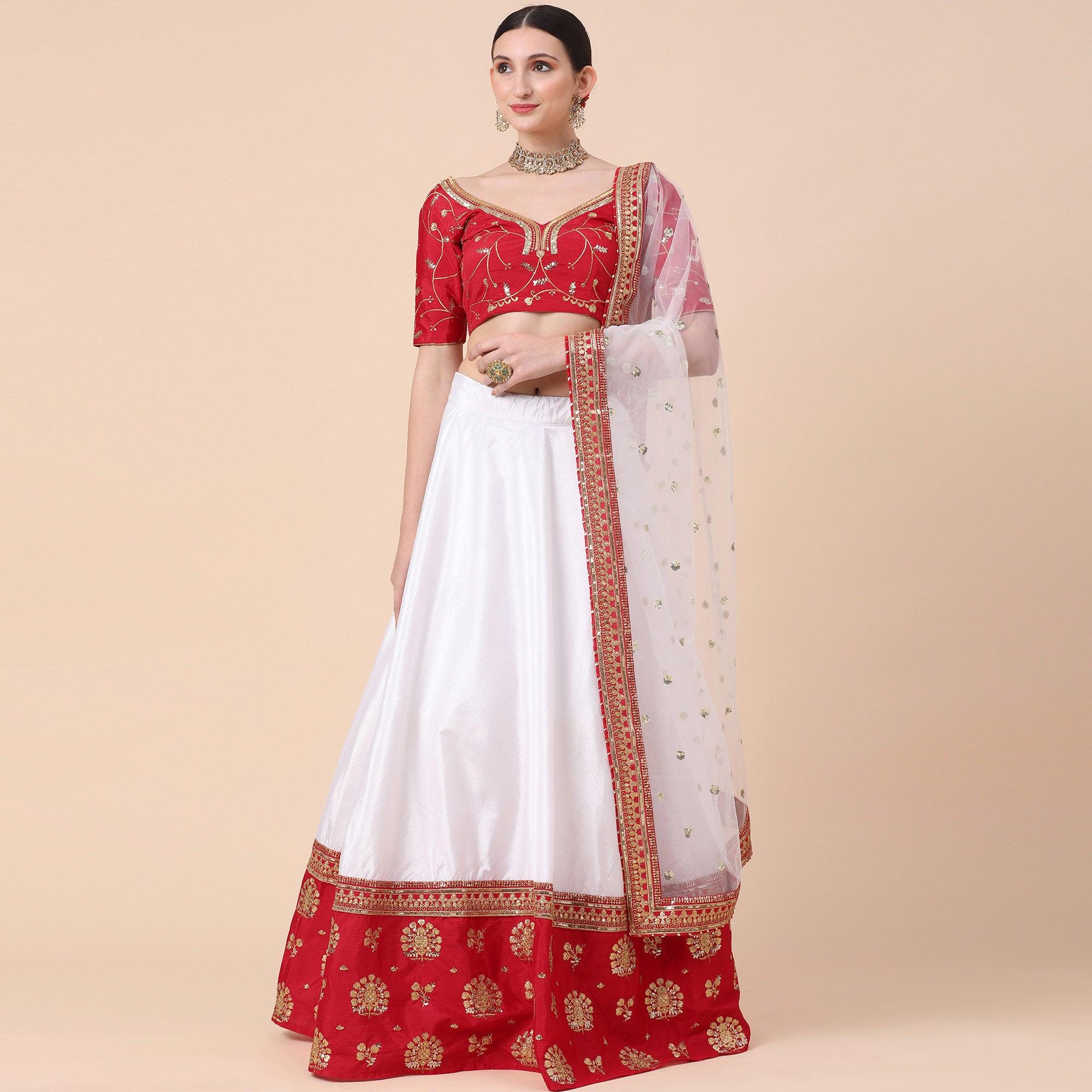 Maroon-White Party Wear Sequence Embroidered Satin Lehenga Choli - Peachmode