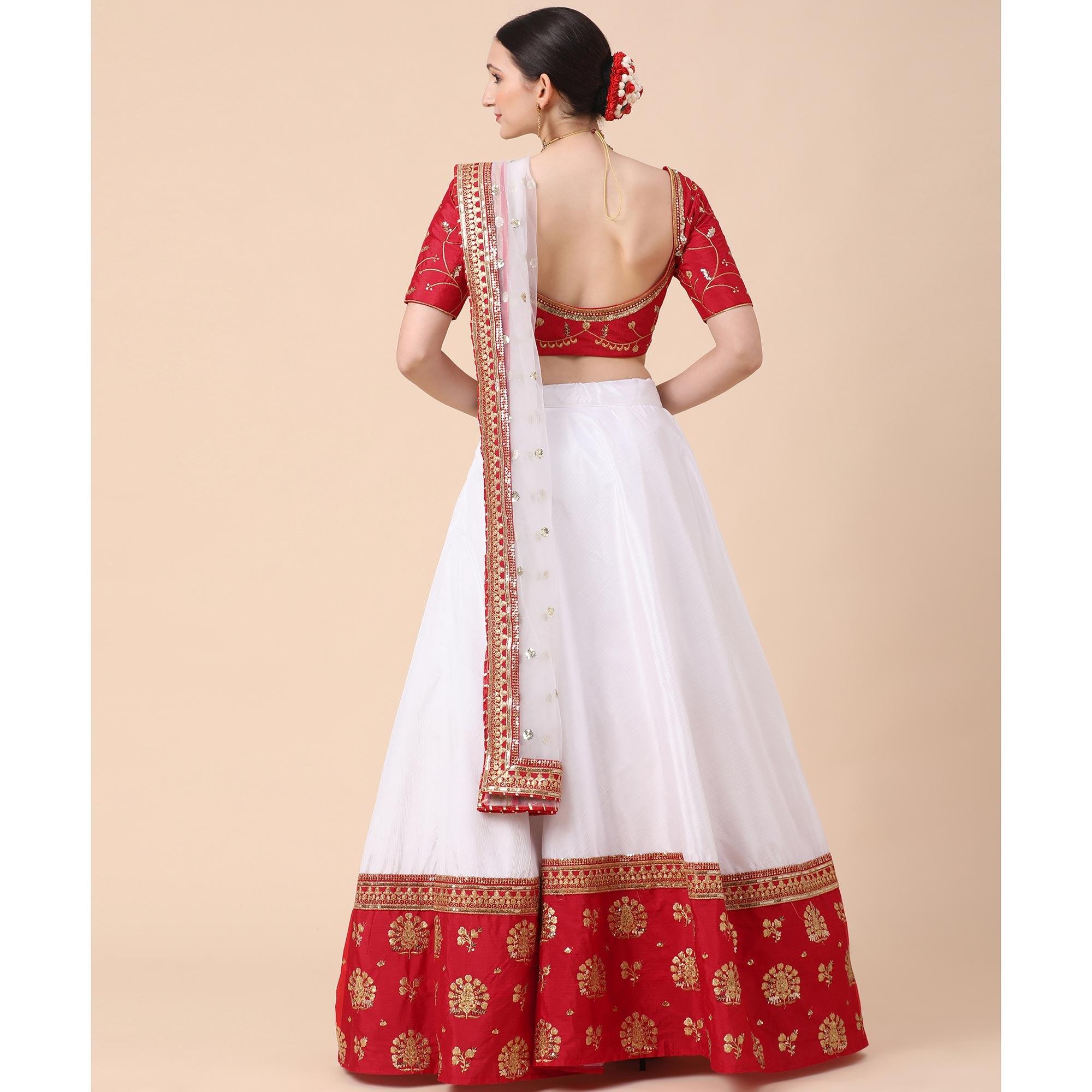 Maroon-White Party Wear Sequence Embroidered Satin Lehenga Choli - Peachmode