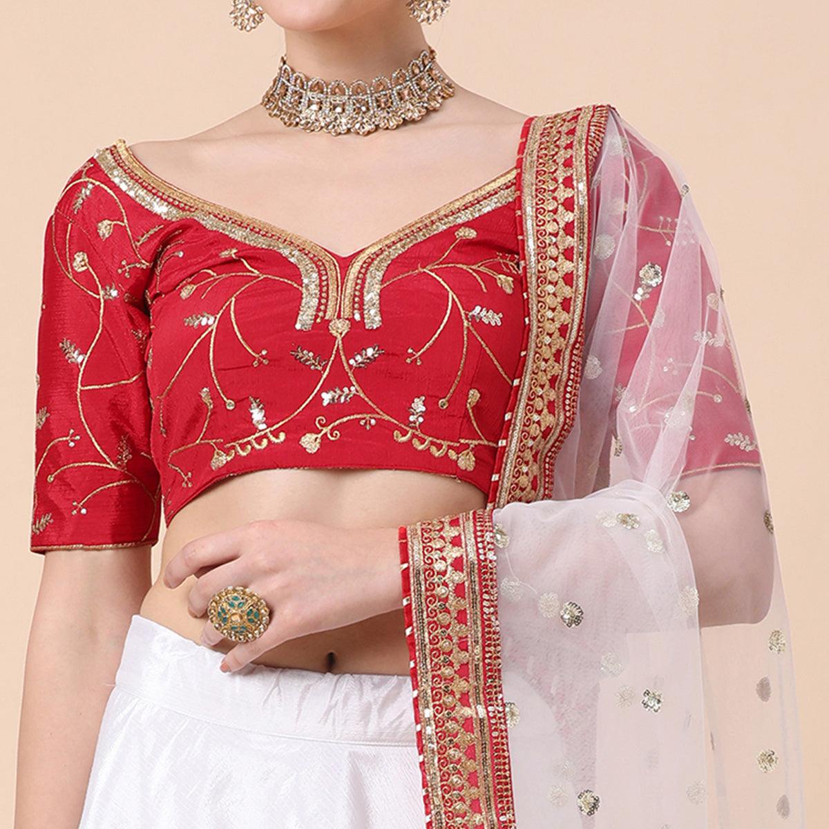 Maroon-White Party Wear Sequence Embroidered Satin Lehenga Choli - Peachmode