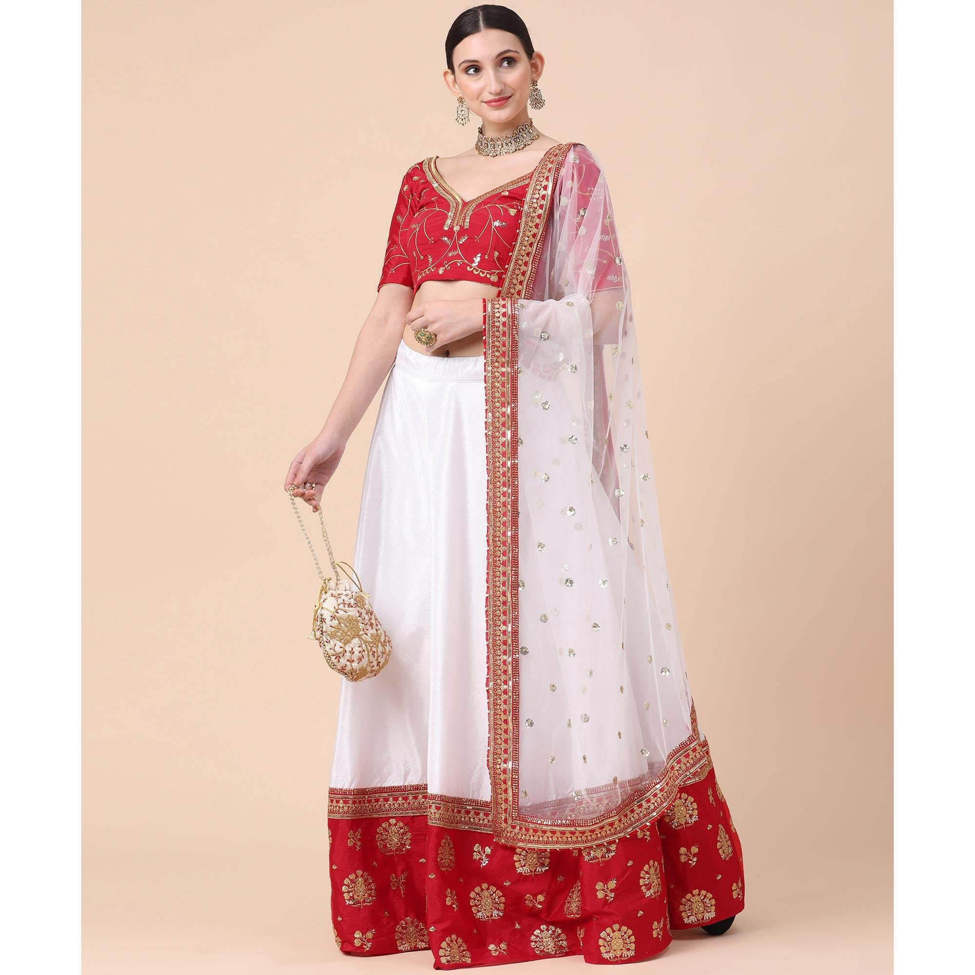 Maroon-White Party Wear Sequence Embroidered Satin Lehenga Choli - Peachmode