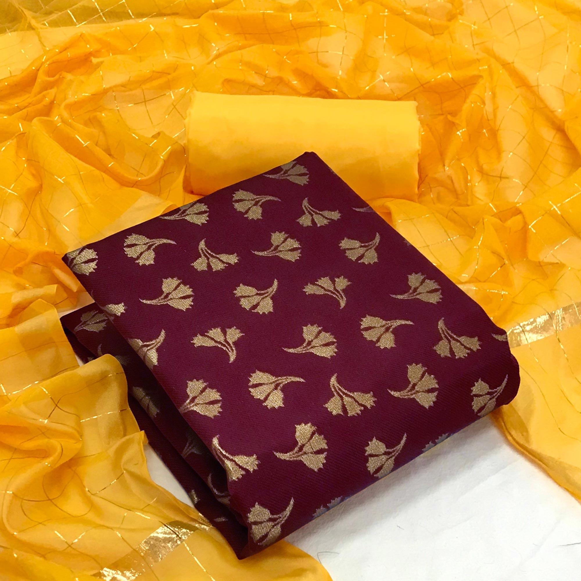Maroon Woven Banarasi Silk Dress Material - Peachmode