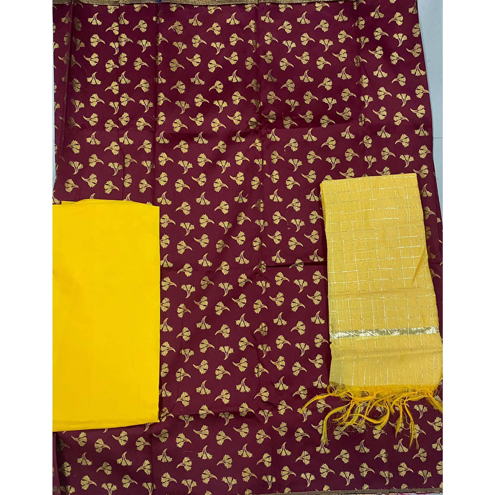 Maroon Woven Banarasi Silk Dress Material - Peachmode