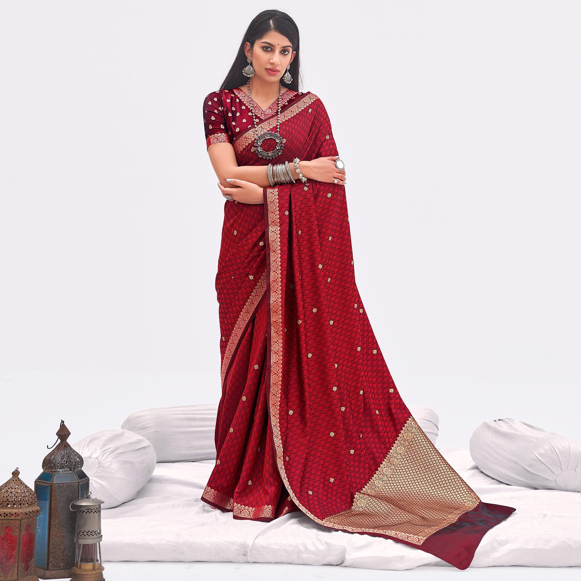 Maroon Woven Banarasi Silk Saree - Peachmode