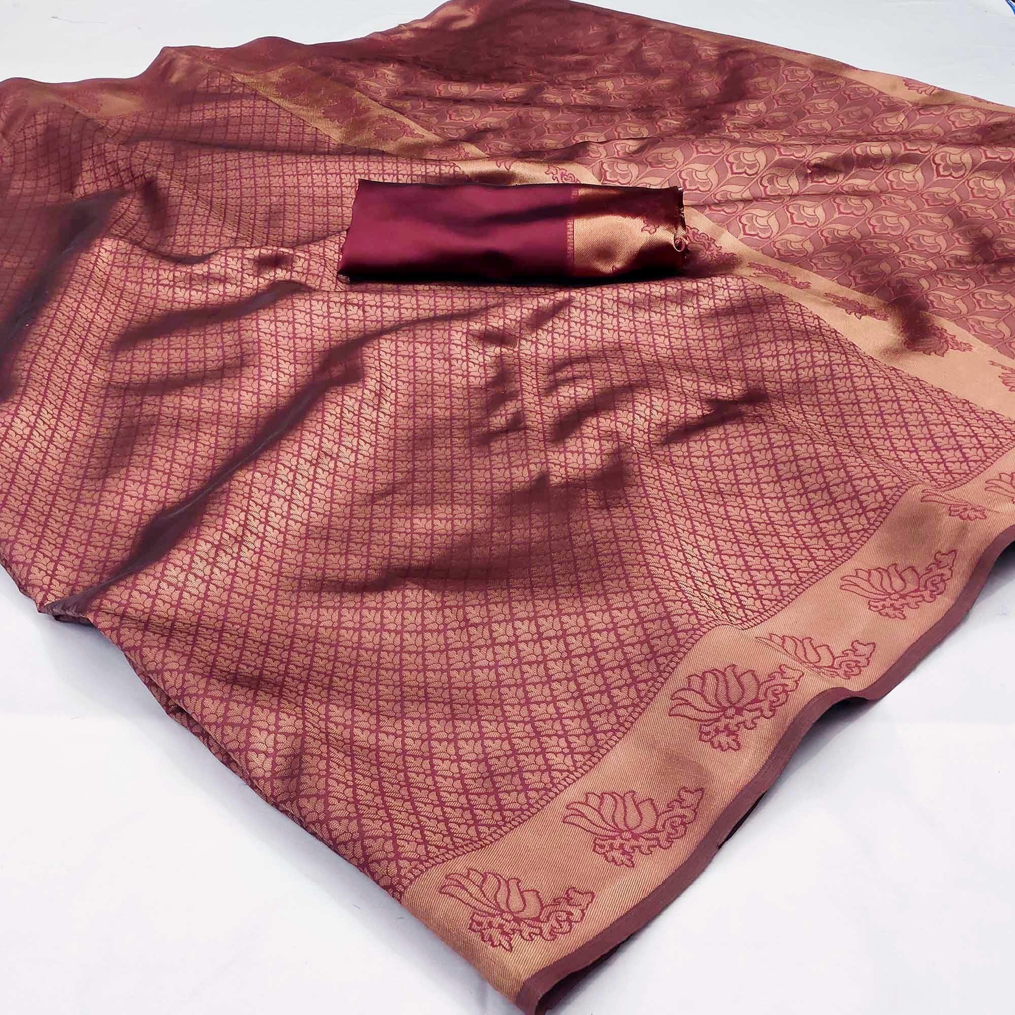 Maroon Woven Banarasi Silk Saree - Peachmode