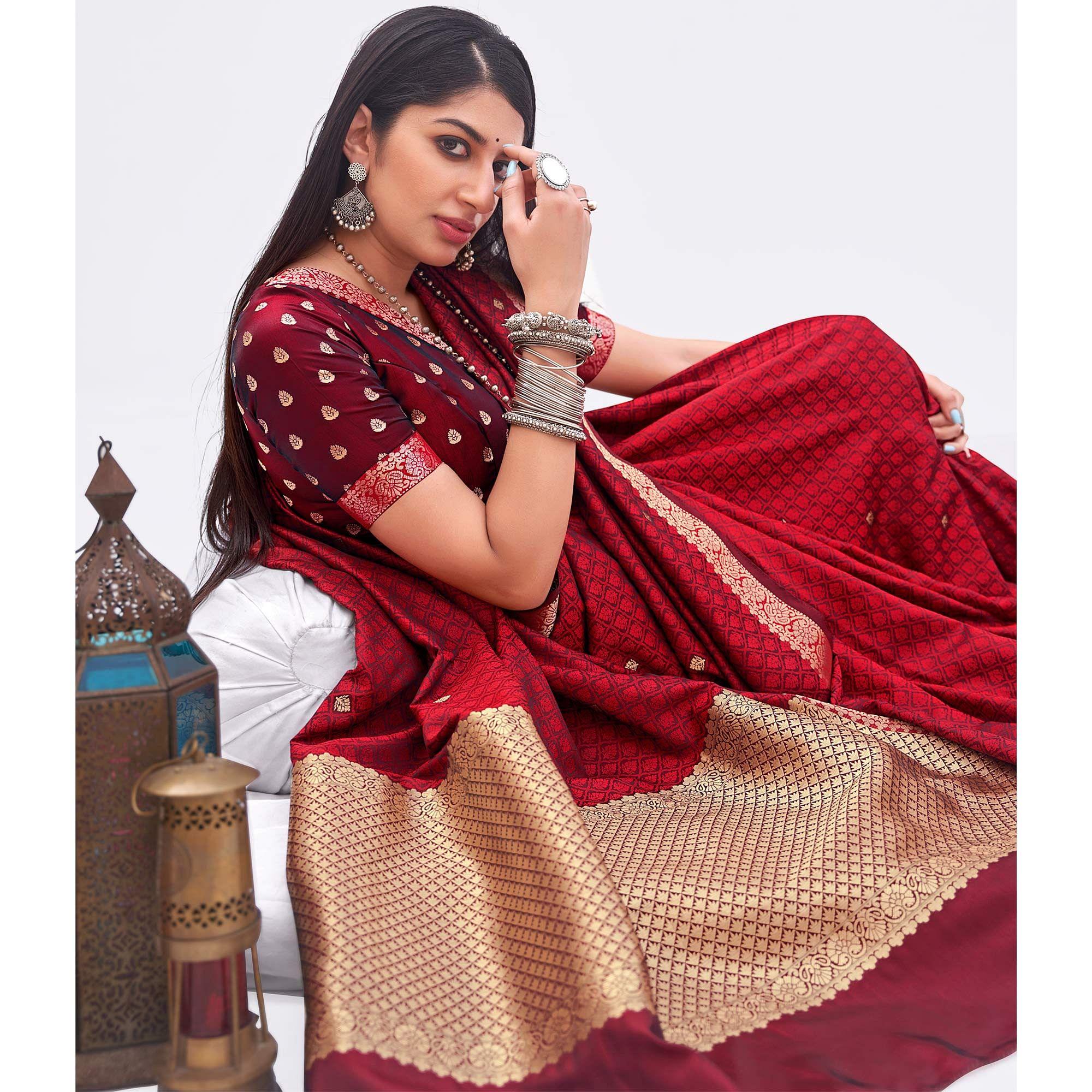 Maroon Woven Banarasi Silk Saree - Peachmode