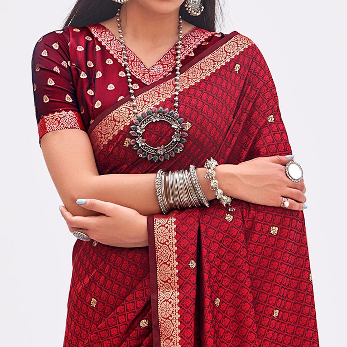 Maroon Woven Banarasi Silk Saree - Peachmode
