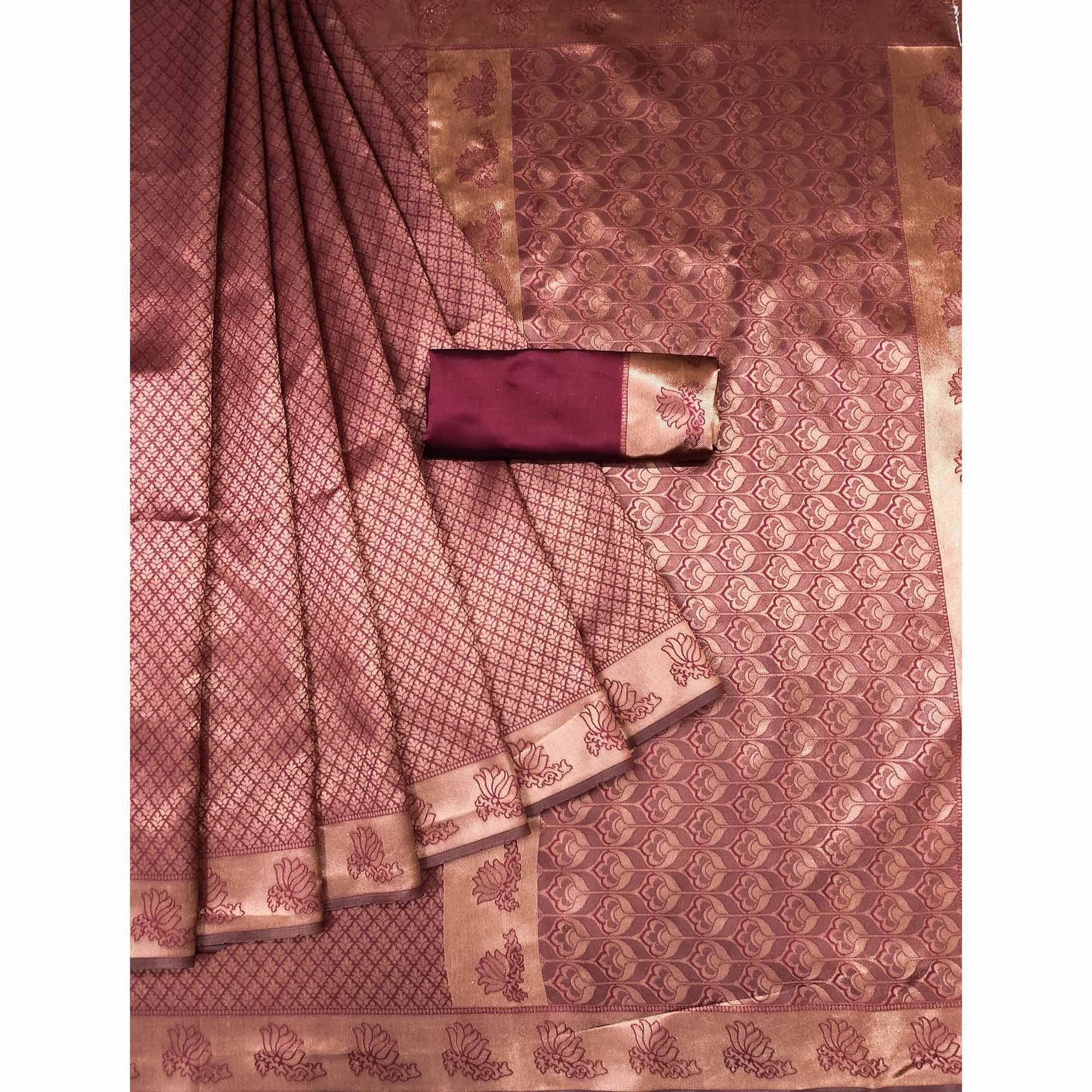 Maroon Woven Banarasi Silk Saree - Peachmode