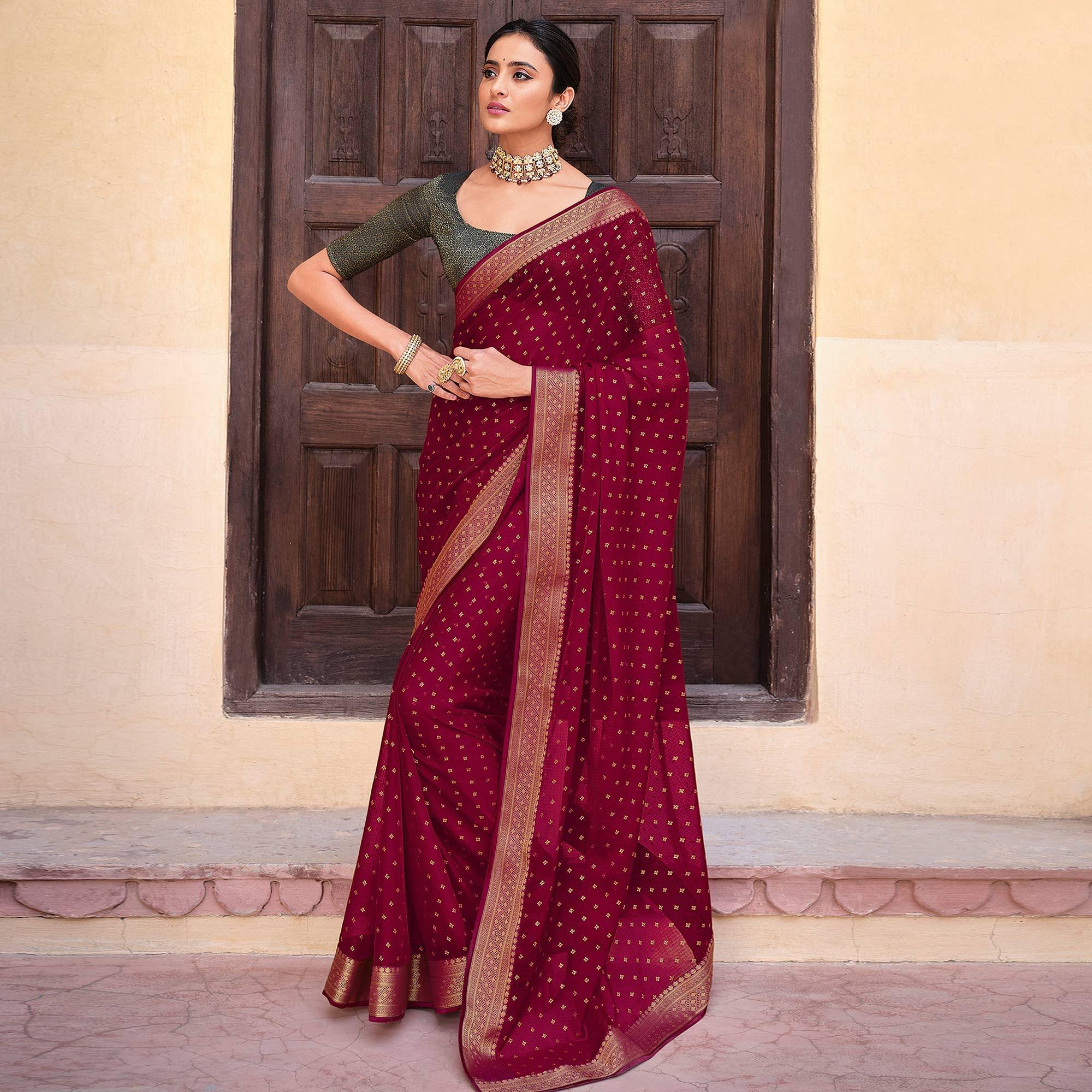 Maroon Woven Chiffon Saree - Peachmode