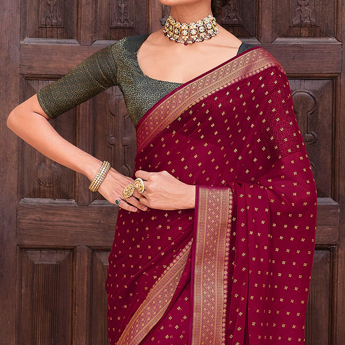 Maroon Woven Chiffon Saree - Peachmode