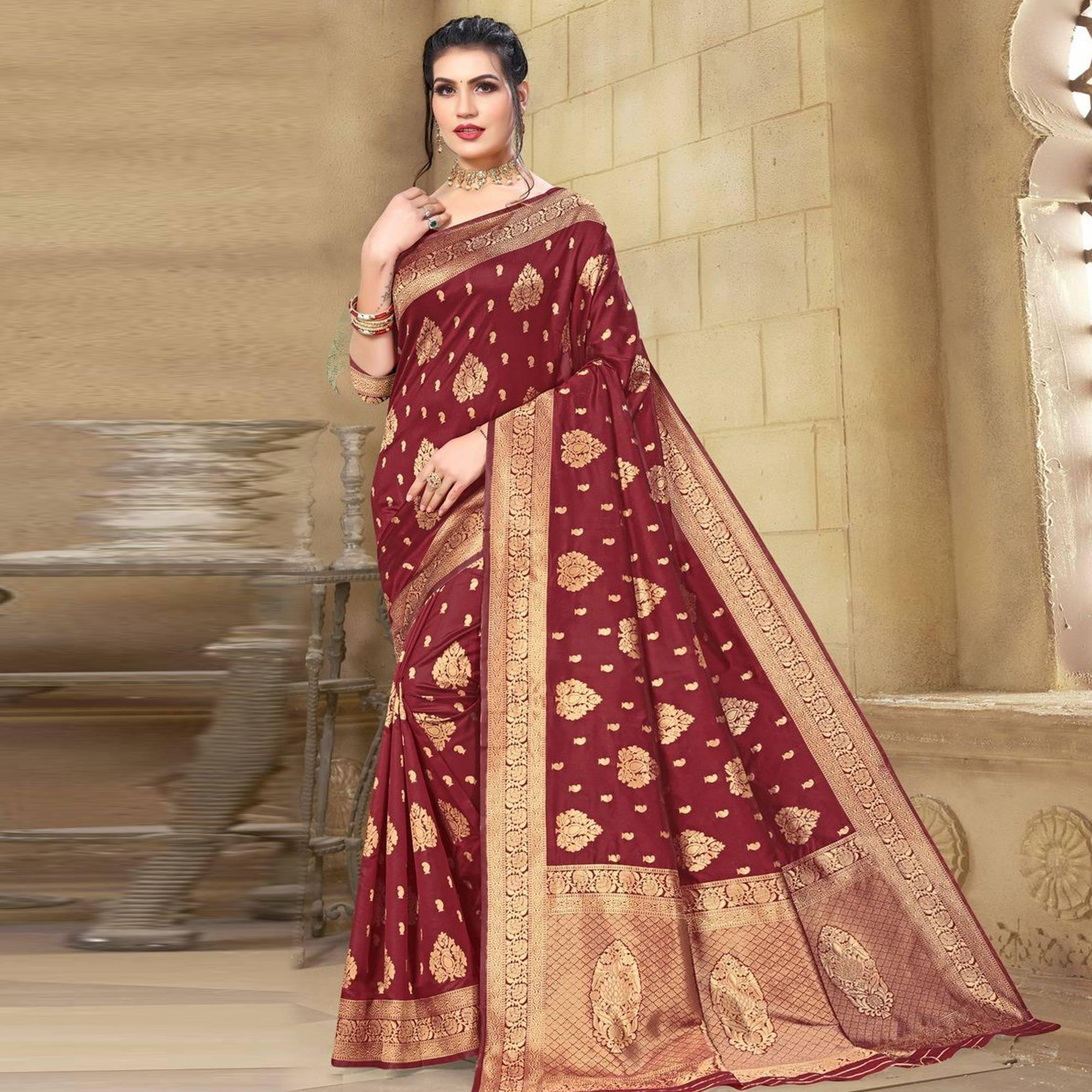 Maroon Woven Cotton Silk Saree - Peachmode