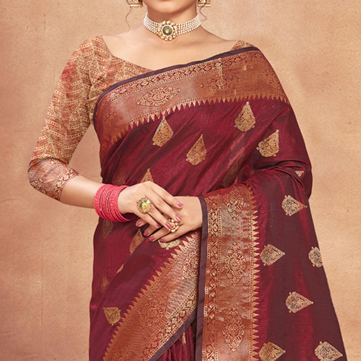 Maroon Woven Cotton Silk Saree - Peachmode