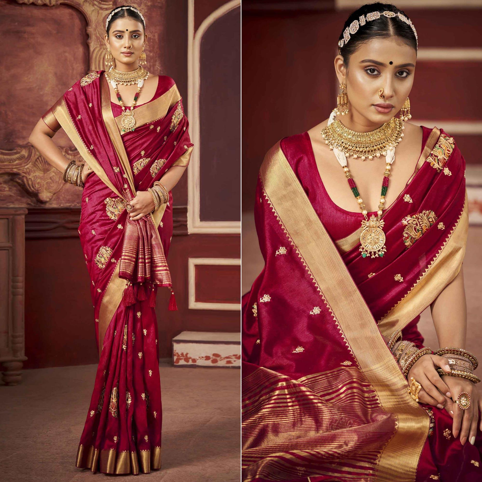 Maroon Woven-Embroidered Raw Silk Saree With Tassels - Peachmode