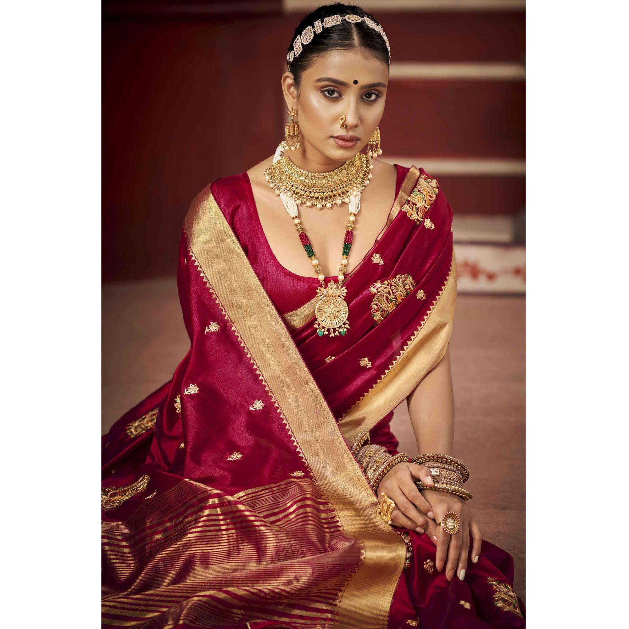 Maroon Woven-Embroidered Raw Silk Saree With Tassels - Peachmode