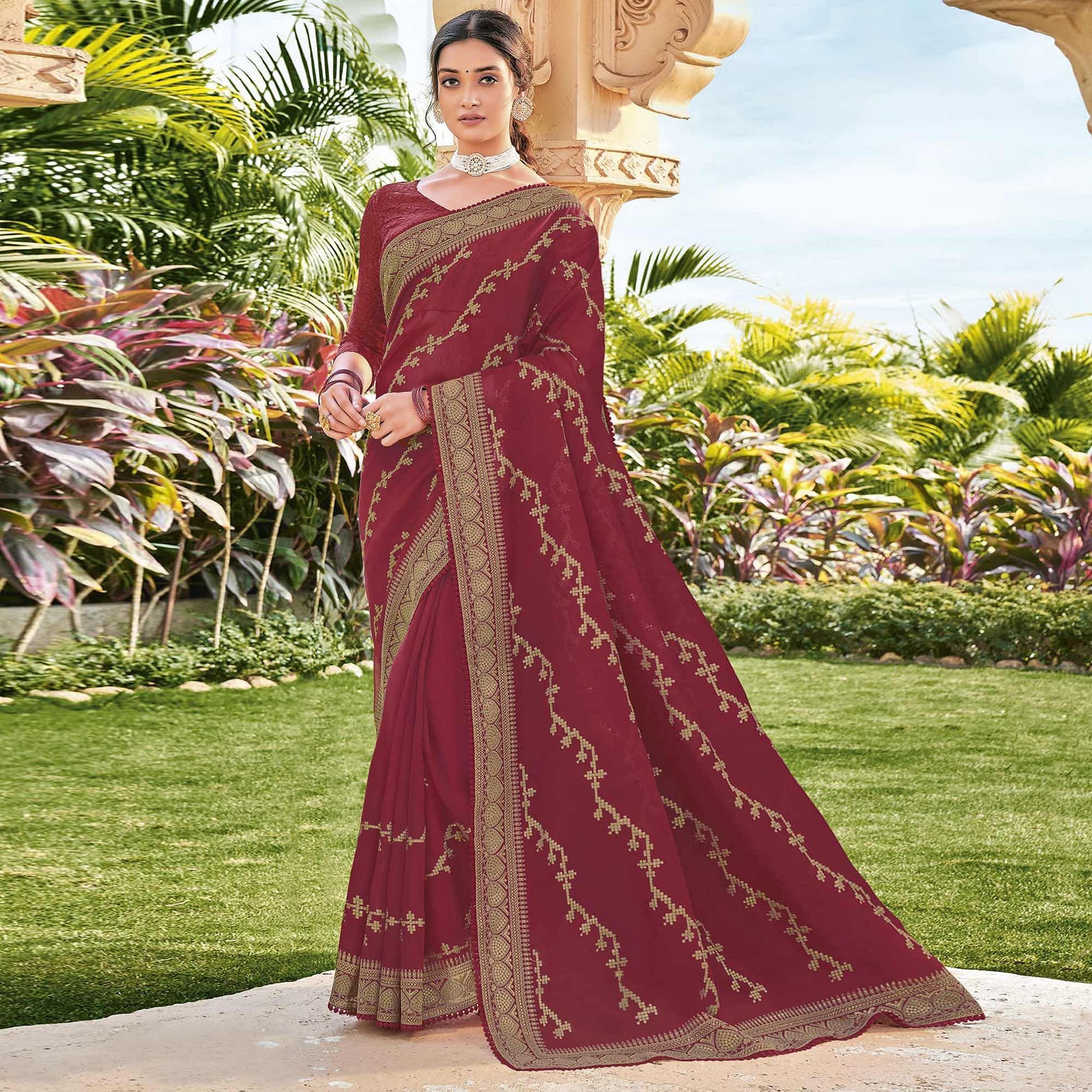 Maroon Woven Georgette Saree - Peachmode