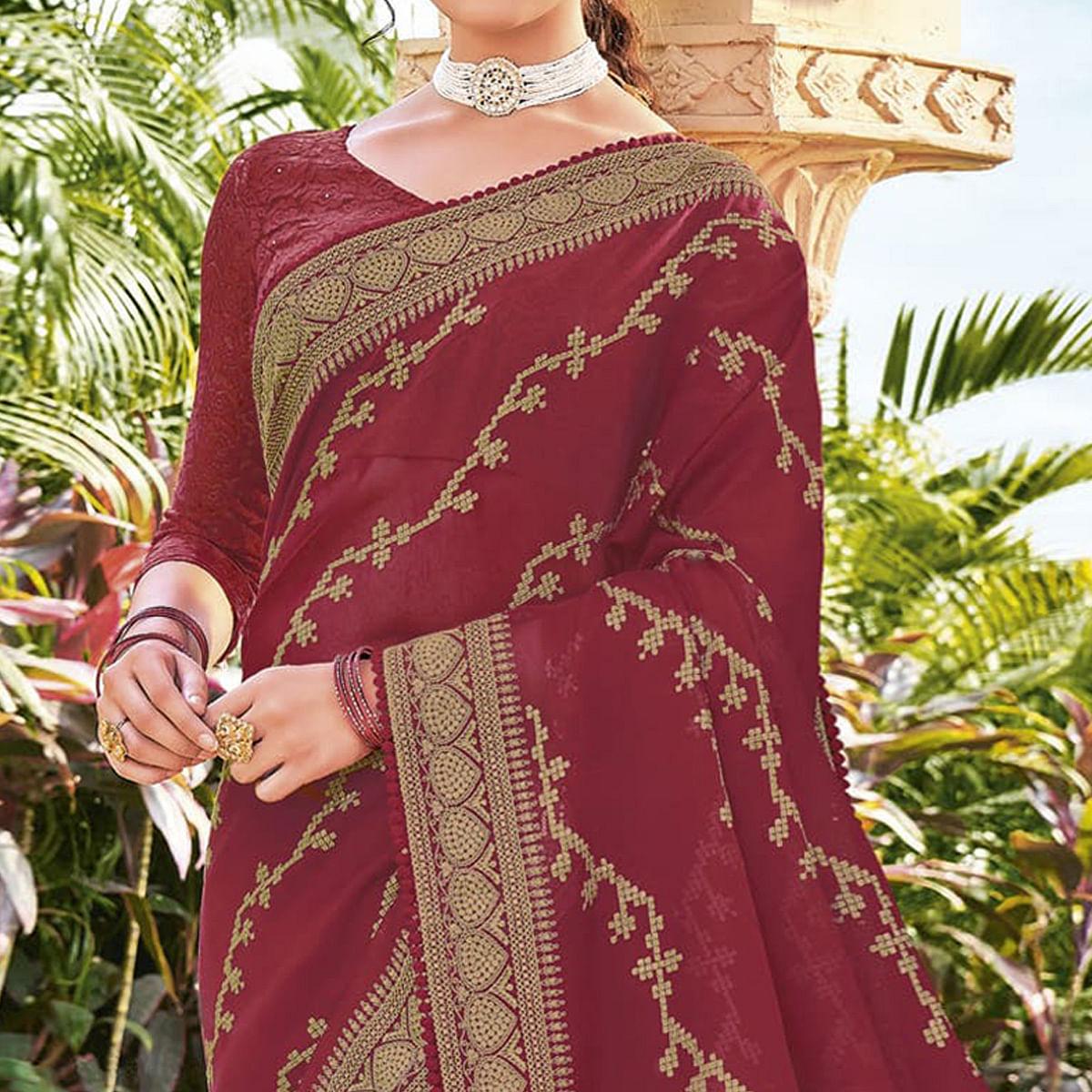 Maroon Woven Georgette Saree - Peachmode