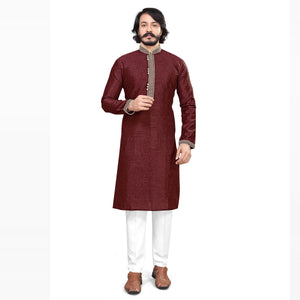Maroon Woven Jacquard Men's Kurta Pyjama Set - Peachmode