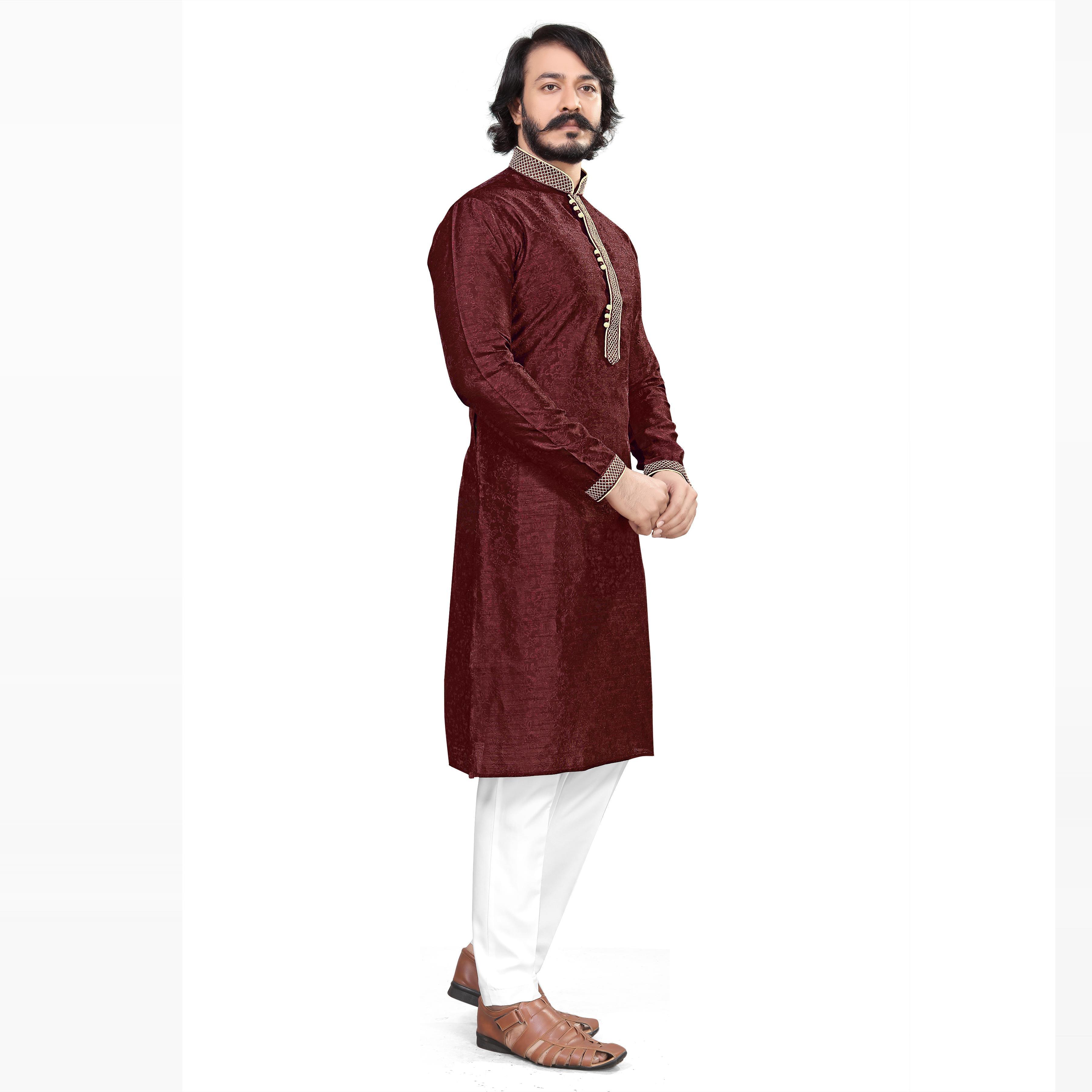 Maroon Woven Jacquard Men's Kurta Pyjama Set - Peachmode
