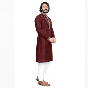 Maroon Woven Jacquard Men's Kurta Pyjama Set - Peachmode