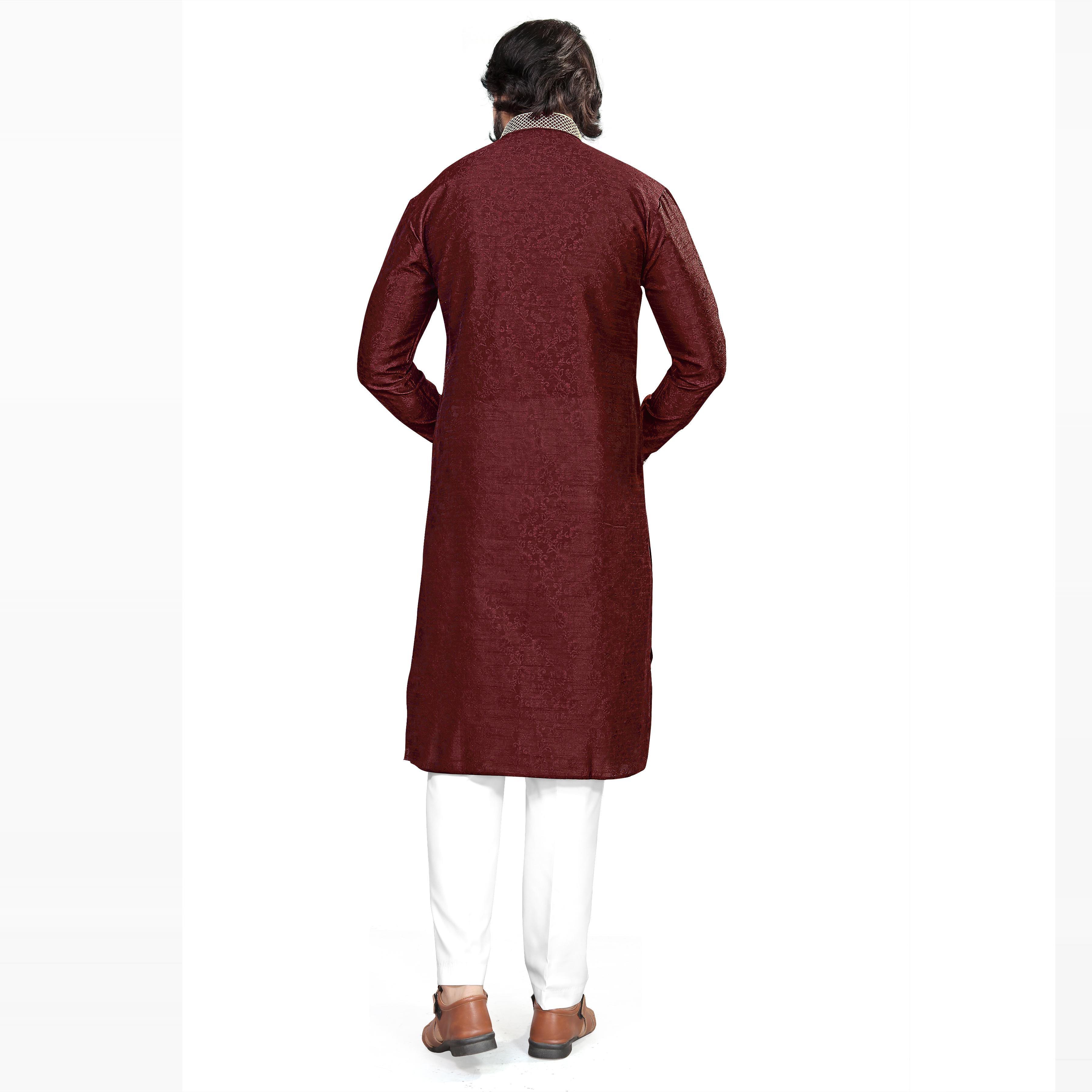 Maroon Woven Jacquard Men's Kurta Pyjama Set - Peachmode