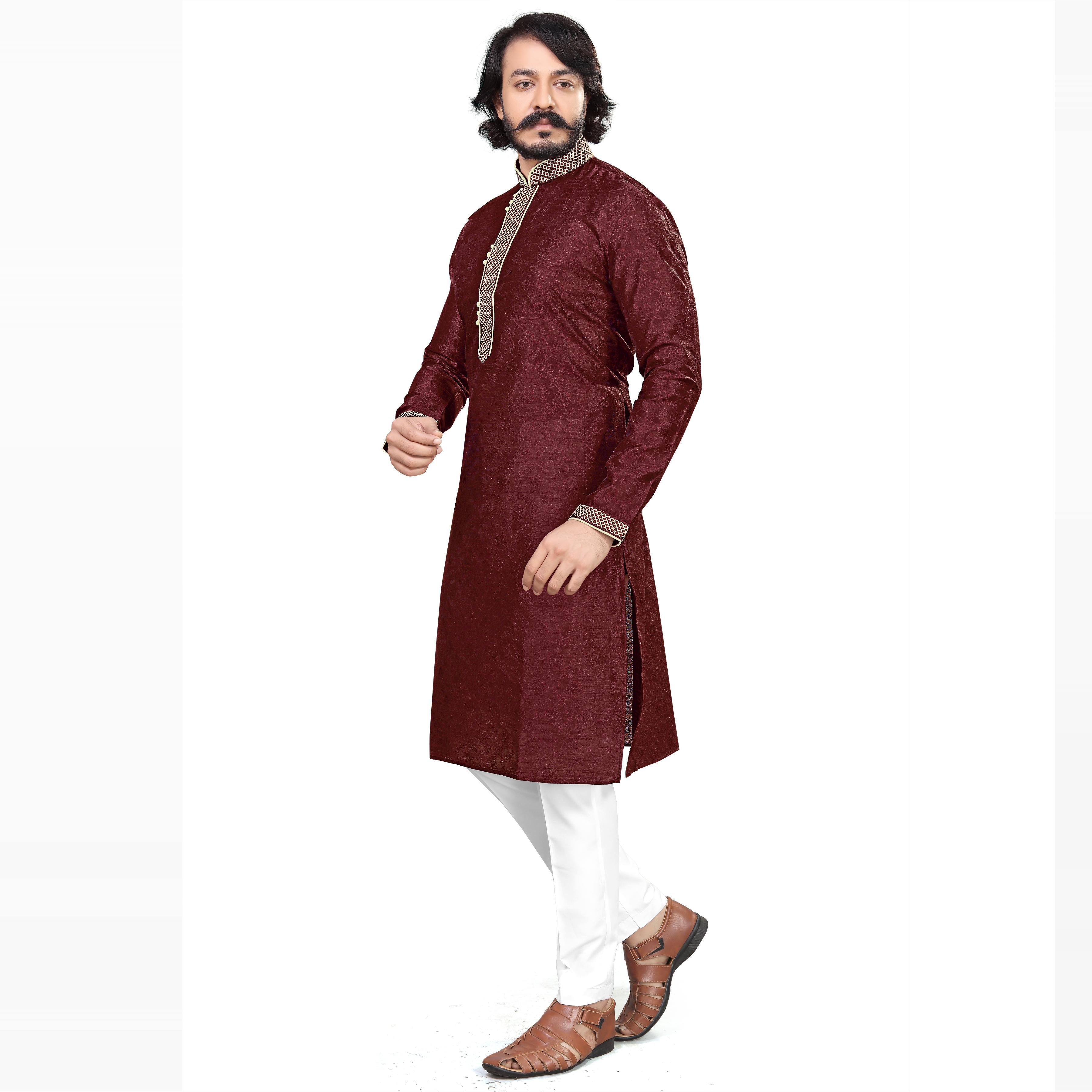 Maroon Woven Jacquard Men's Kurta Pyjama Set - Peachmode