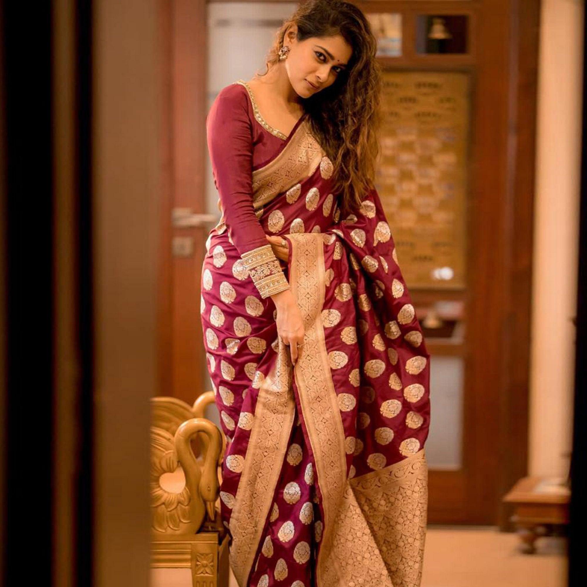 Maroon Woven Jacquard Saree - Peachmode