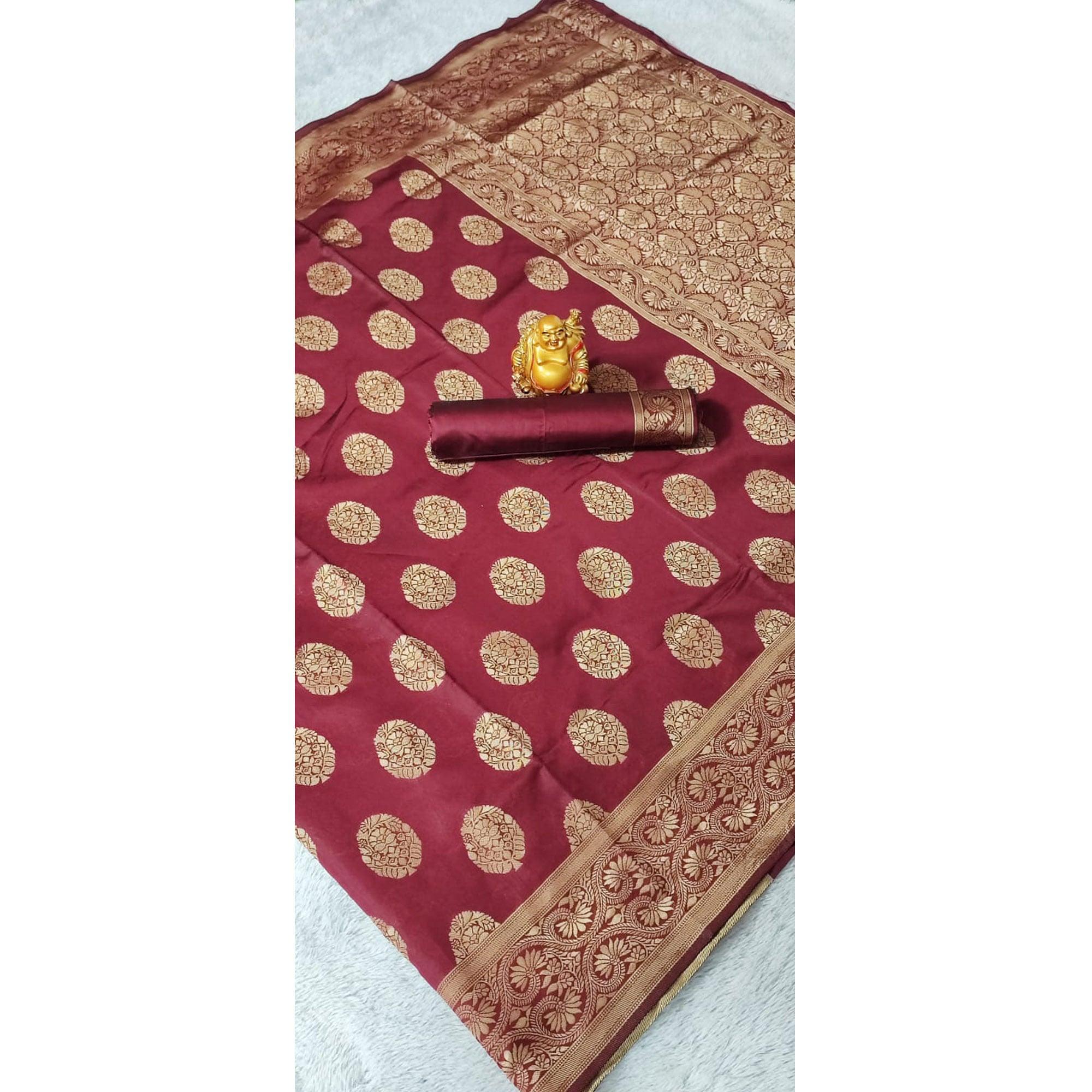 Maroon Woven Jacquard Saree - Peachmode