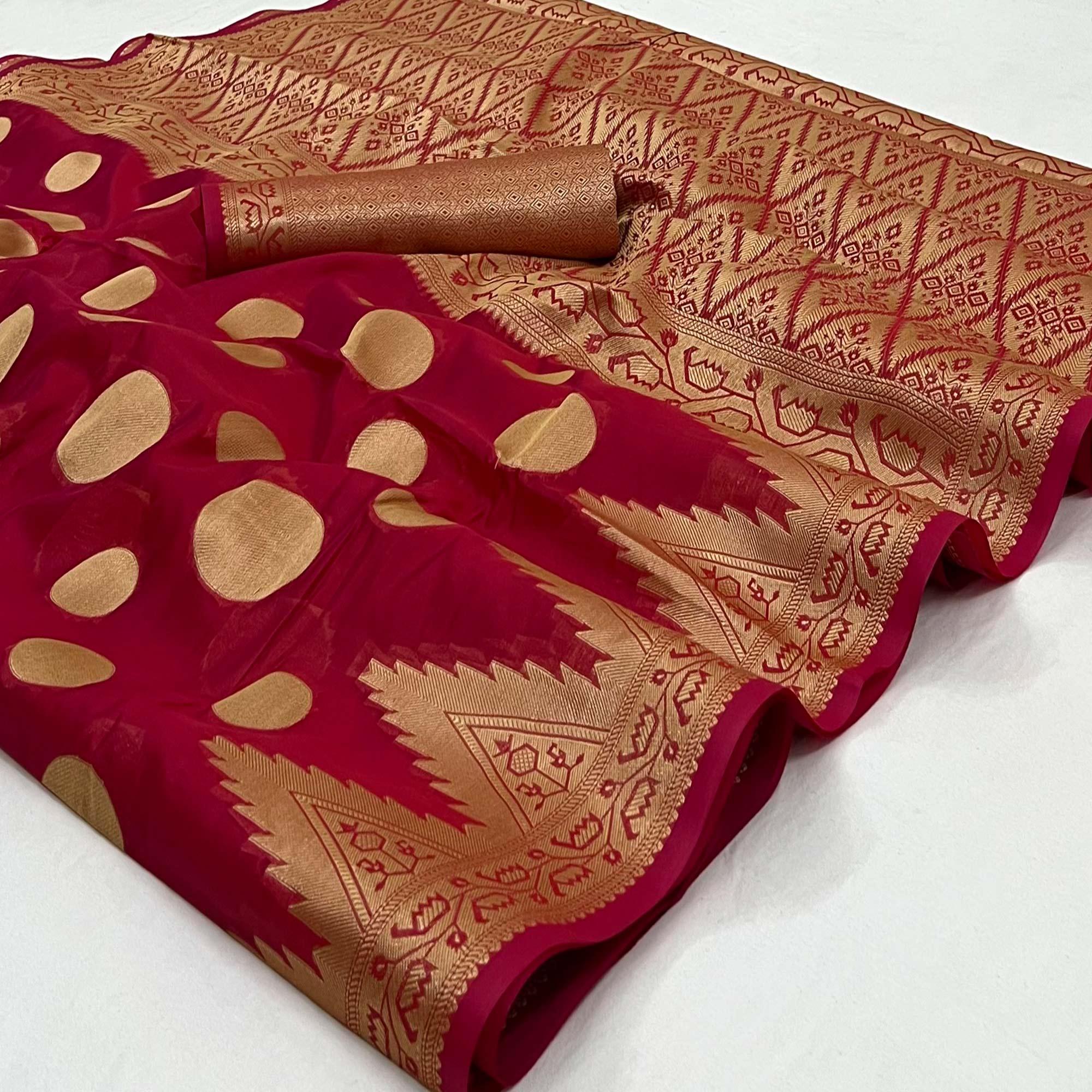 Maroon Woven Organza Saree - Peachmode