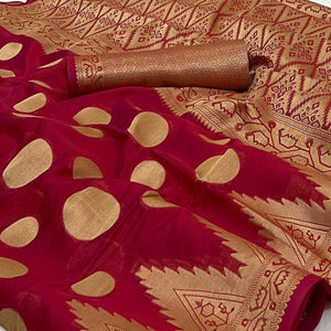 Maroon Woven Organza Saree - Peachmode