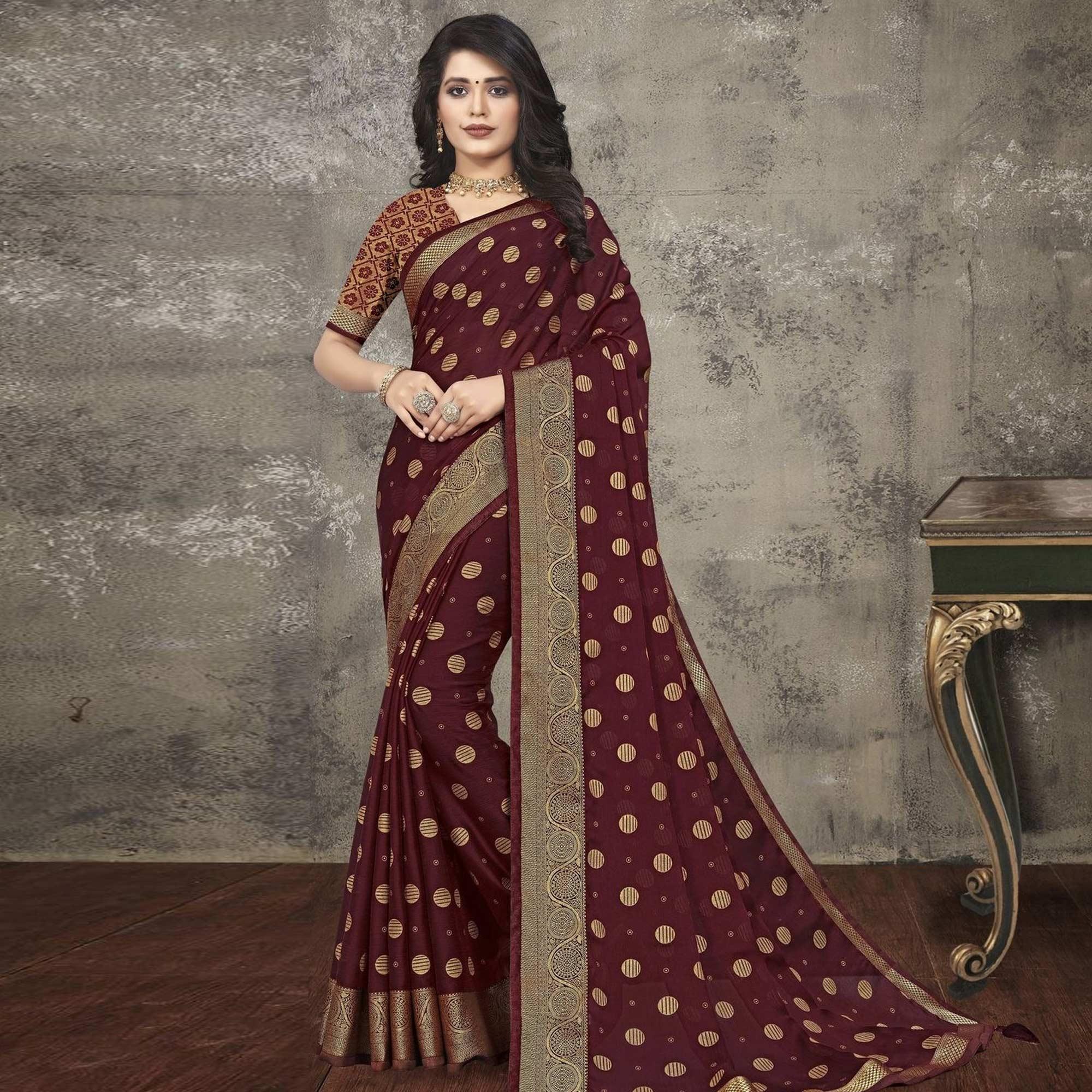 Maroon Woven Vichitra Silk Saree - Peachmode