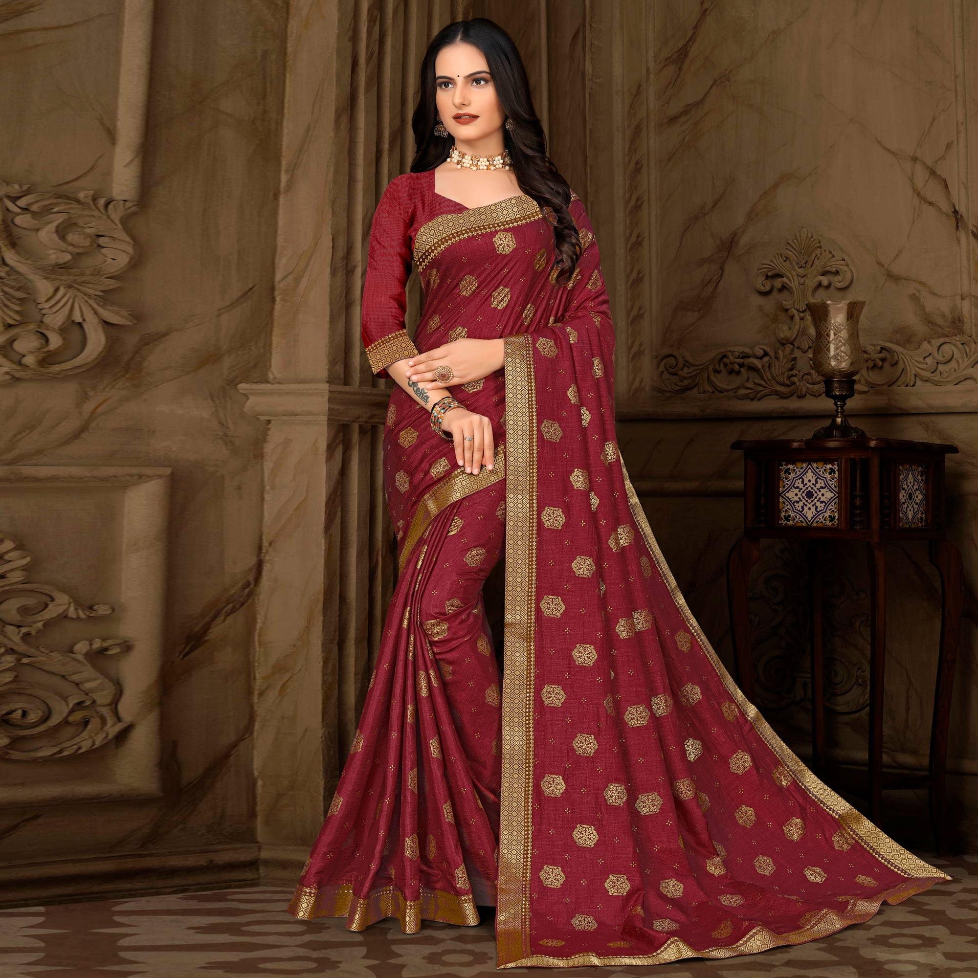 Maroon Woven Vichitra Silk Saree - Peachmode