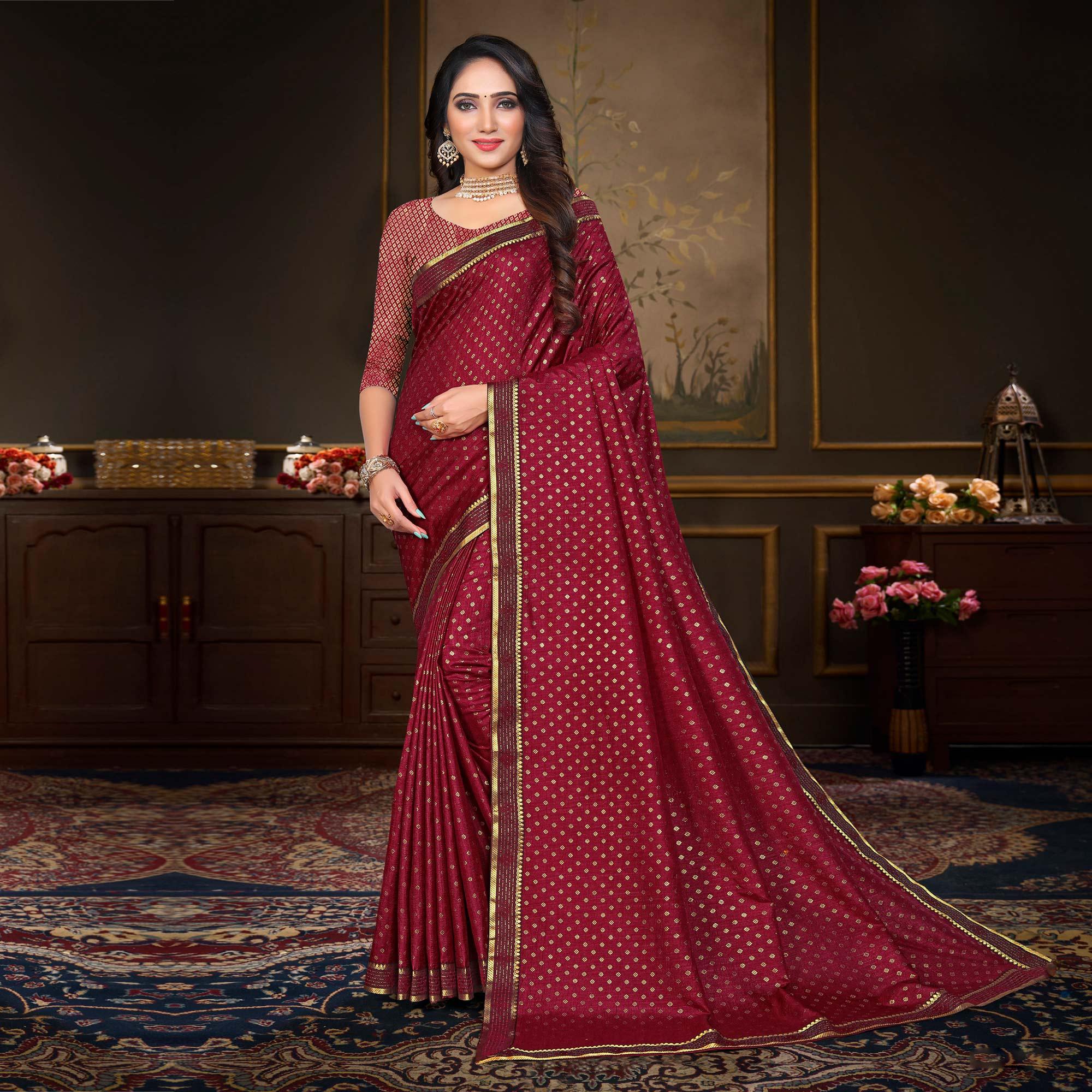 Maroon Woven Vichitra Silk Saree - Peachmode
