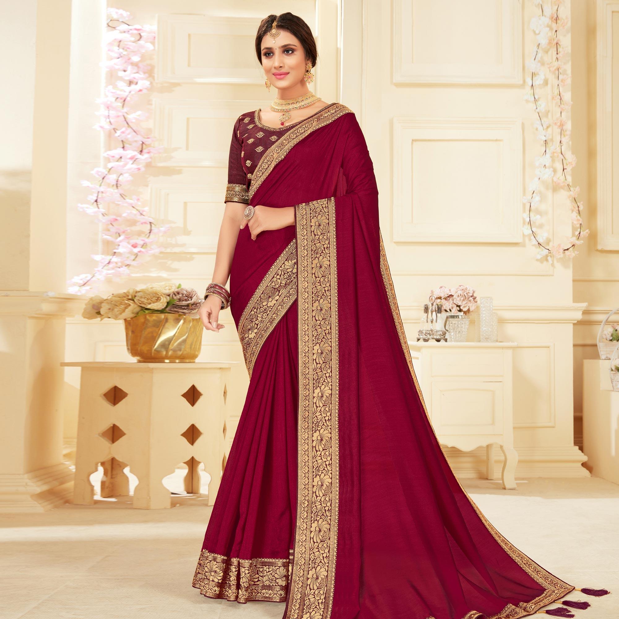 Maroon Woven Vichitra Silk Saree - Peachmode