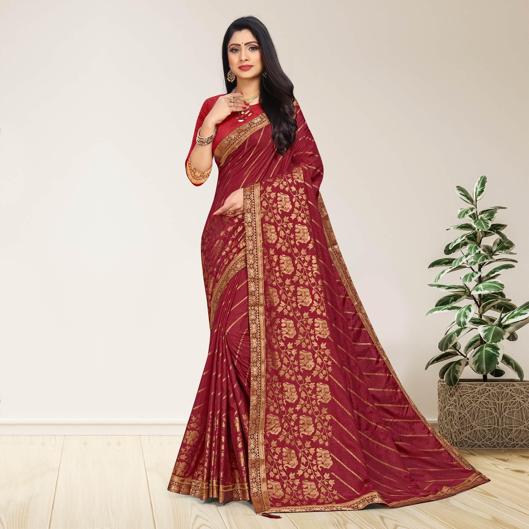 Maroon Woven Vichitra Silk Saree - Peachmode