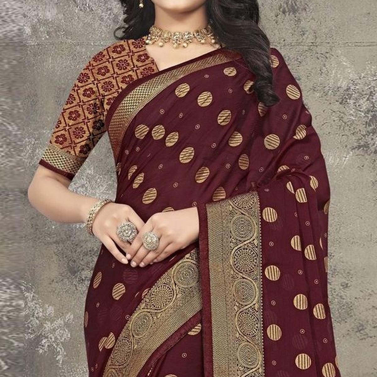 Maroon Woven Vichitra Silk Saree - Peachmode