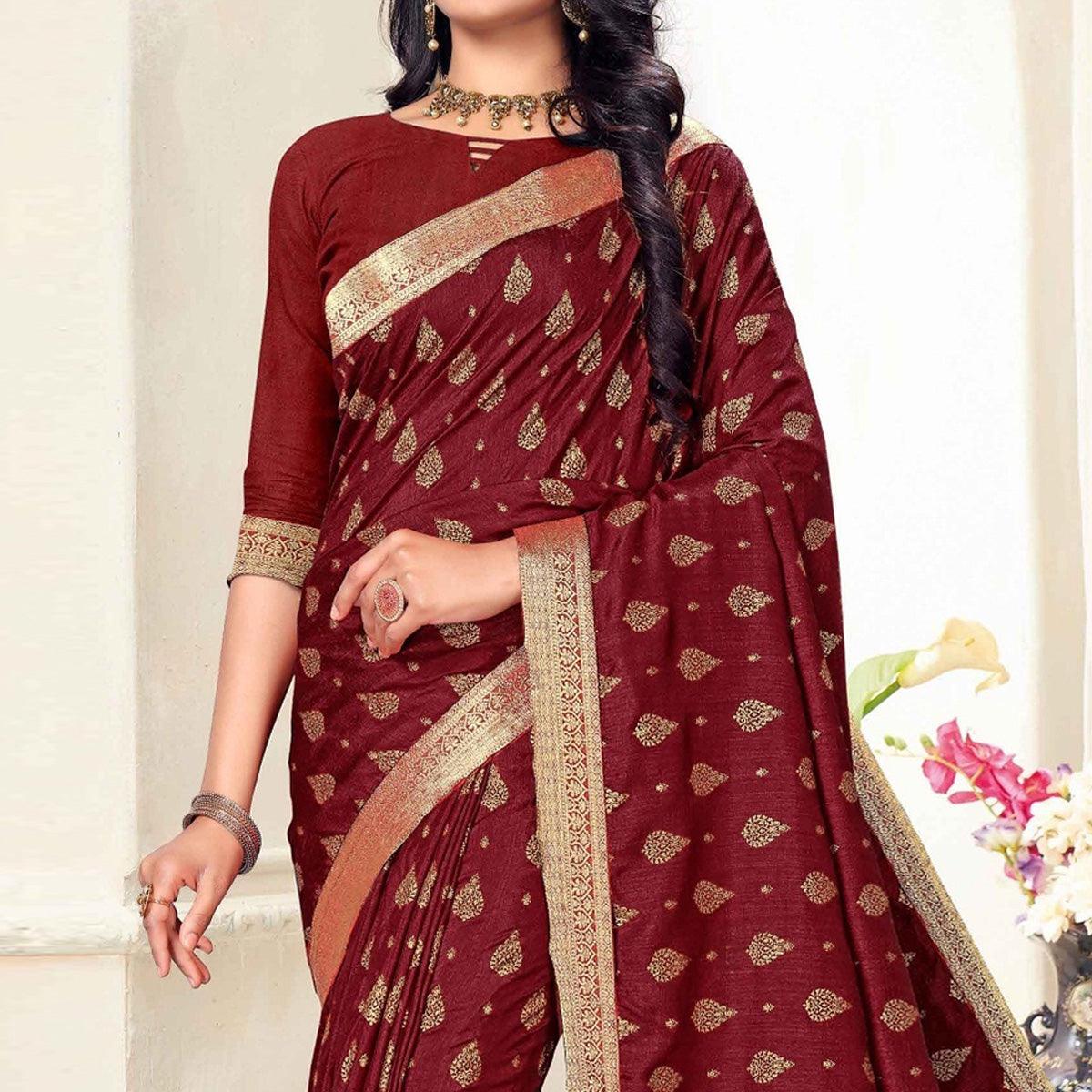 Maroon Woven Vichitra Silk Saree - Peachmode