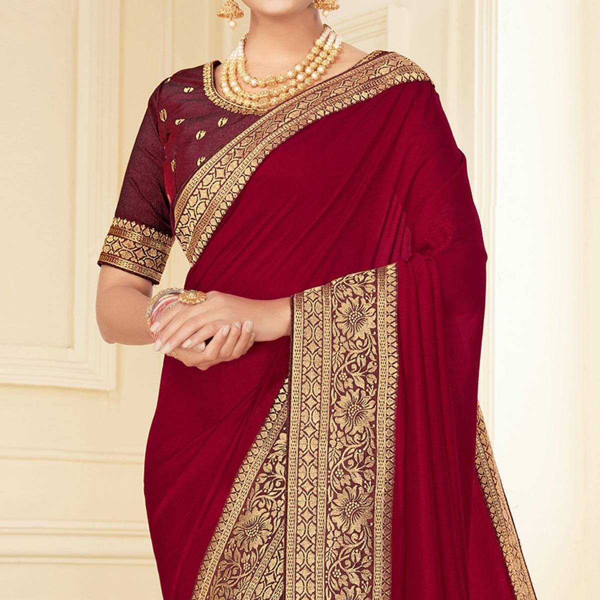 Maroon Woven Vichitra Silk Saree - Peachmode