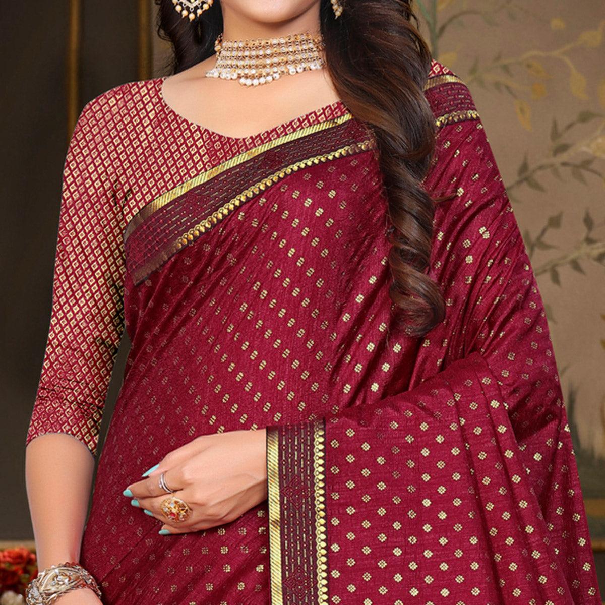 Maroon Woven Vichitra Silk Saree - Peachmode