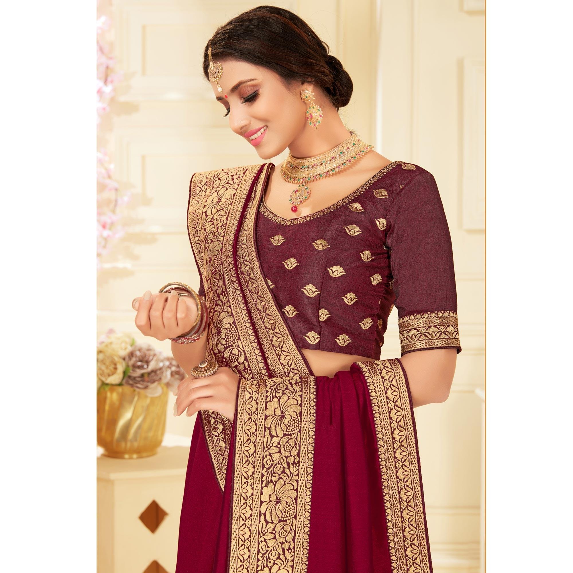 Maroon Woven Vichitra Silk Saree - Peachmode