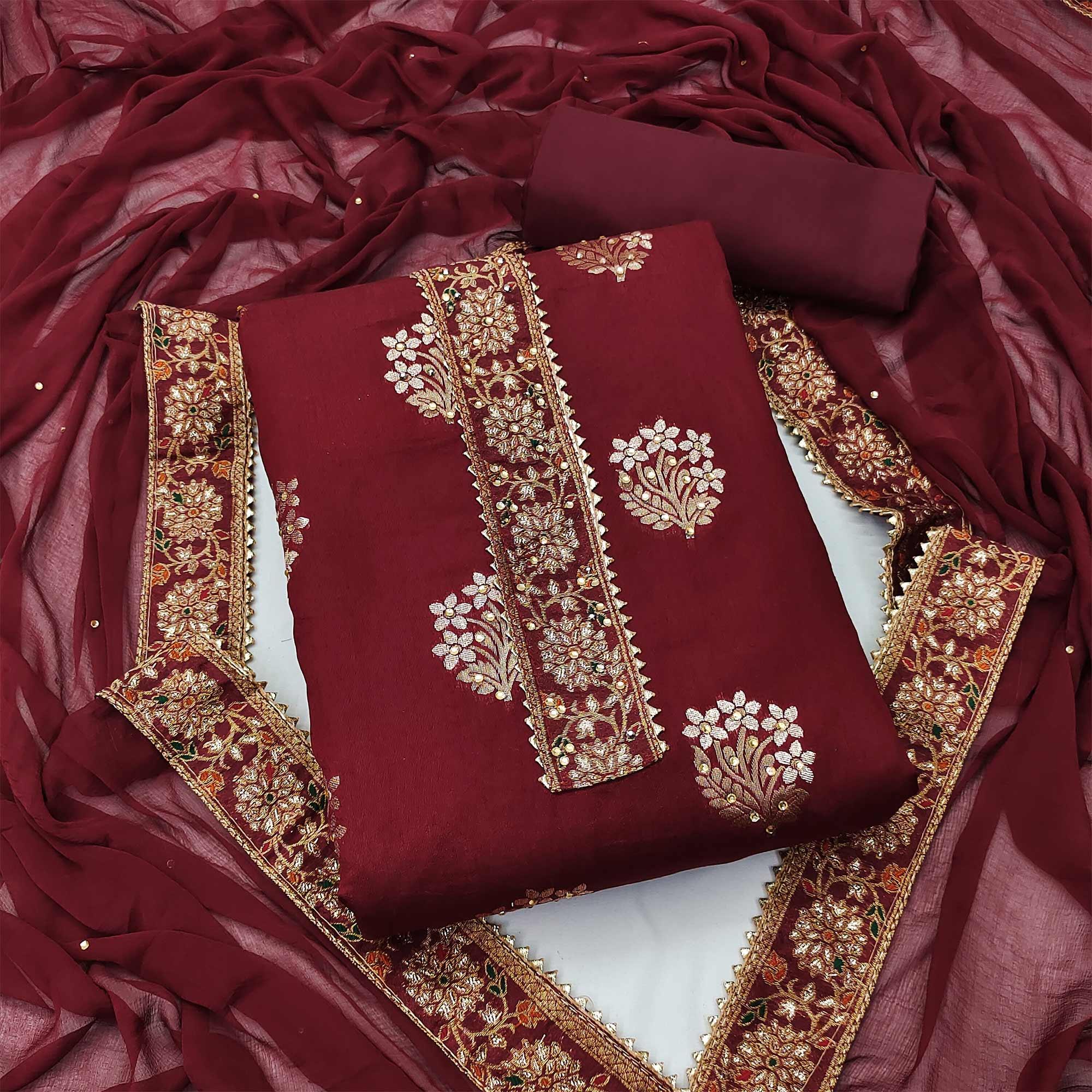 Maroon Woven With Embellished Jacquard Dress Material - Peachmode